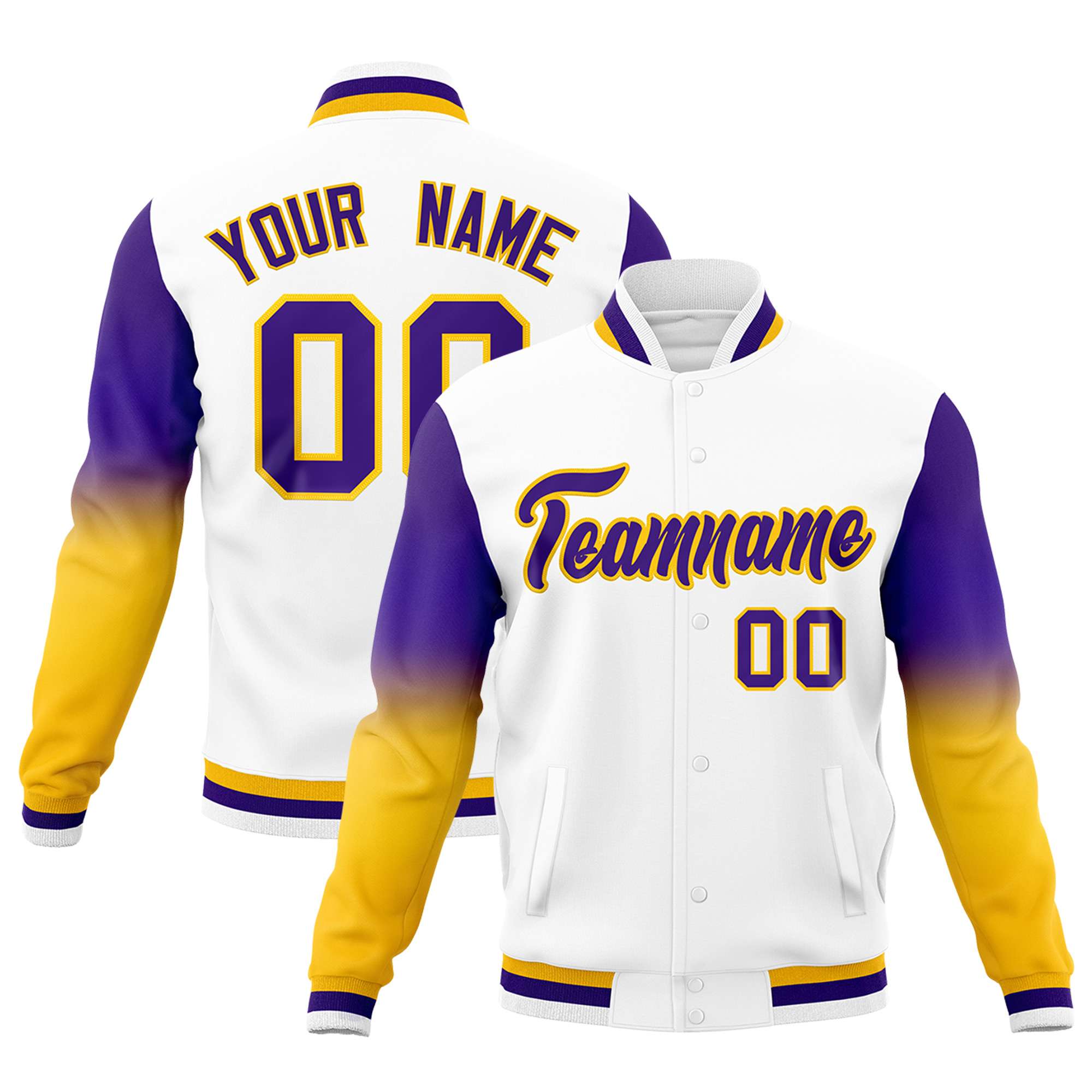 Custom White Purple Gold Full-Snap Varsity Raglan Sleeves Gradient Letterman Jacket| KXKSHOP
