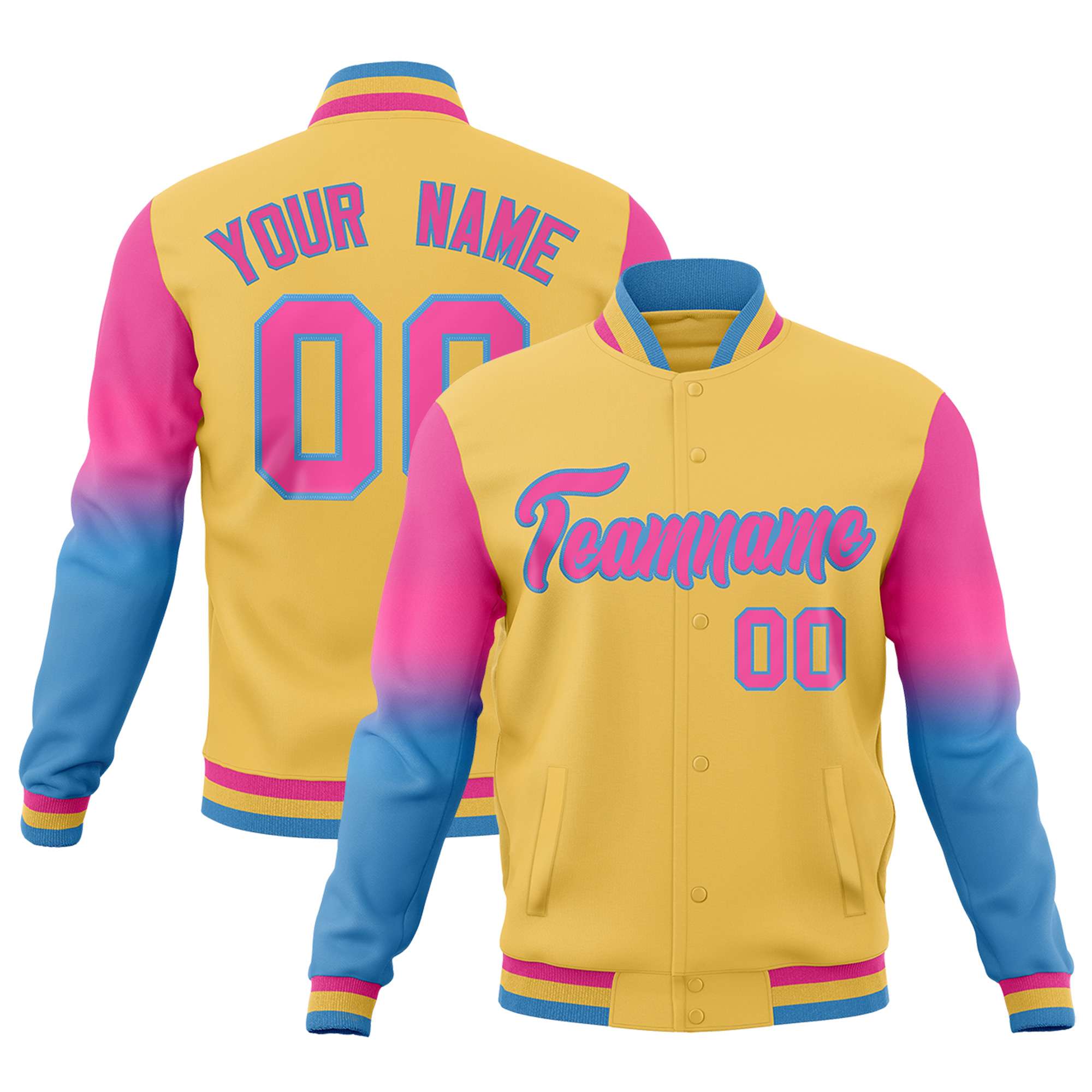 Custom Khaki Pink Light blue Full-Snap Varsity Raglan Sleeves Gradient Letterman Jacket| KXKSHOP
