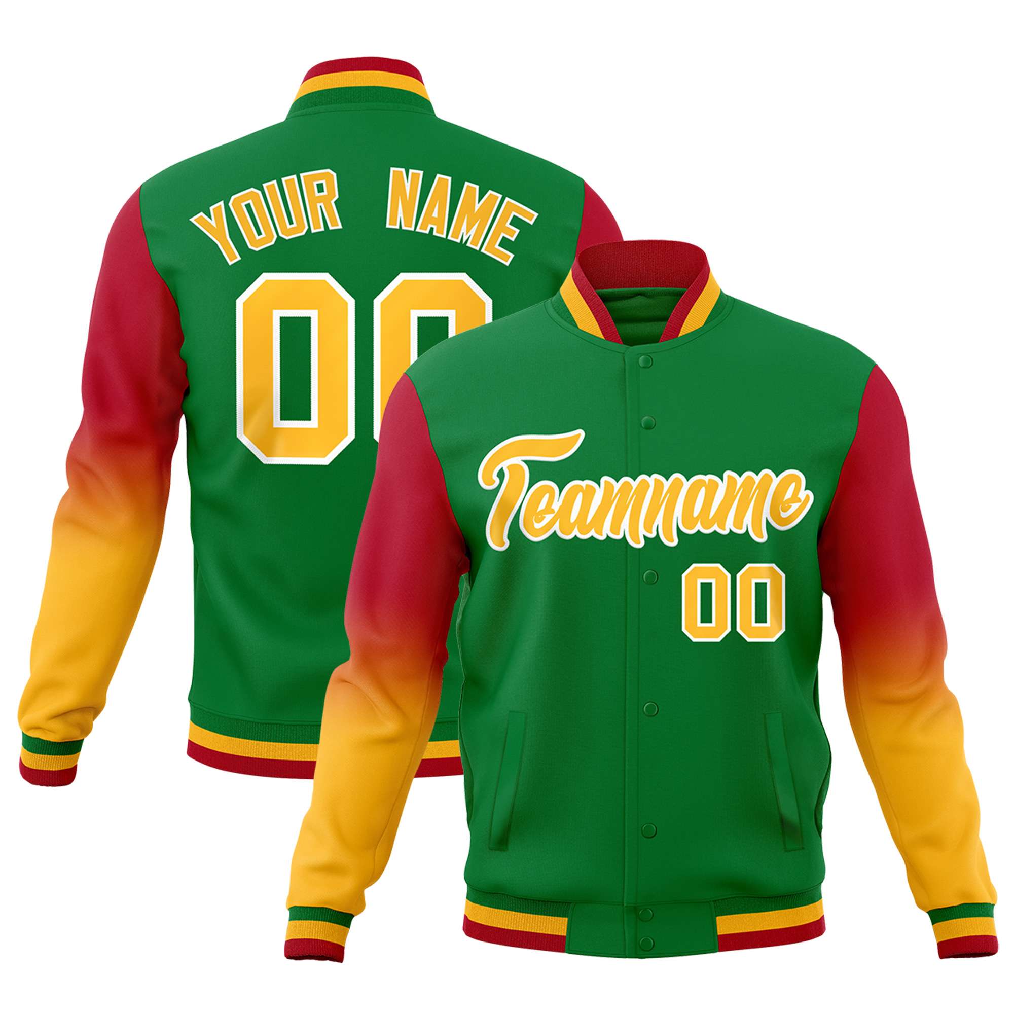 Custom Kelly Green Gold White Full-Snap Varsity Raglan Sleeves Gradient Letterman Jacket| KXKSHOP