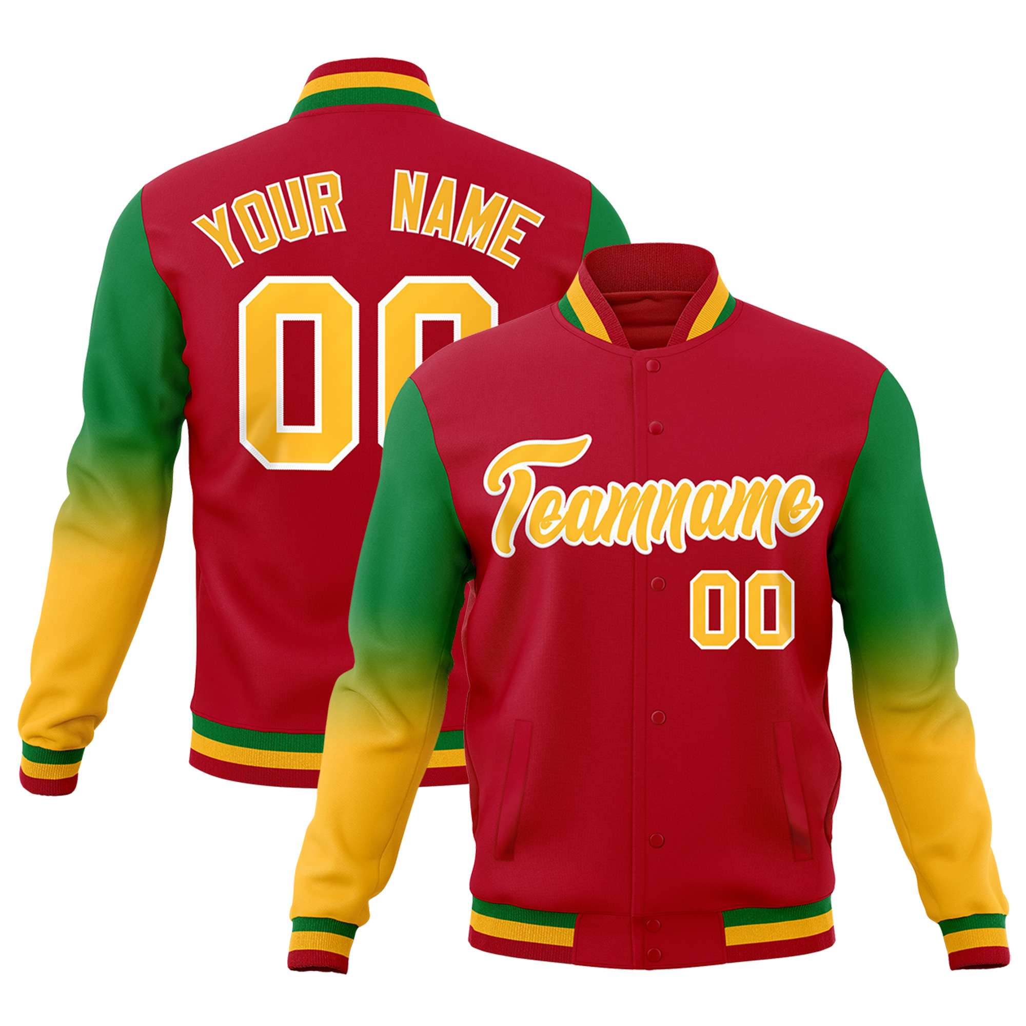 Custom Red Gold White Full-Snap Varsity Raglan Sleeves Gradient Letterman Jacket| KXKSHOP
