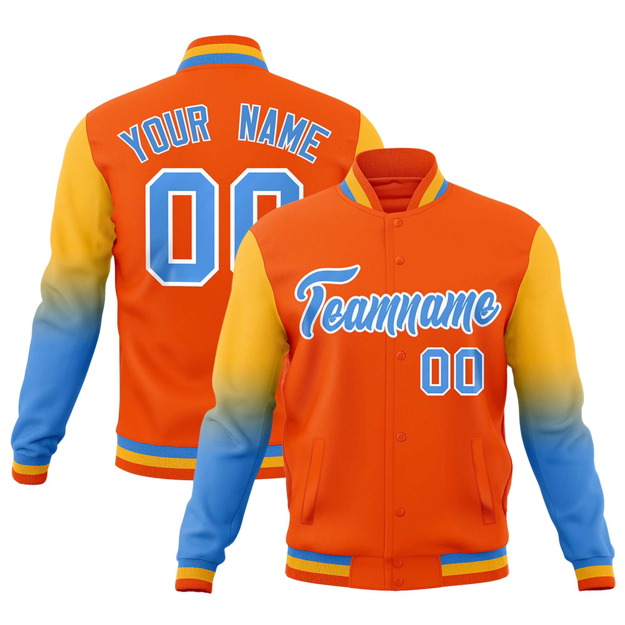 Custom Orange Powder Blue White Full-Snap Varsity Raglan Sleeves Gradient Letterman Jacket| KXKSHOP