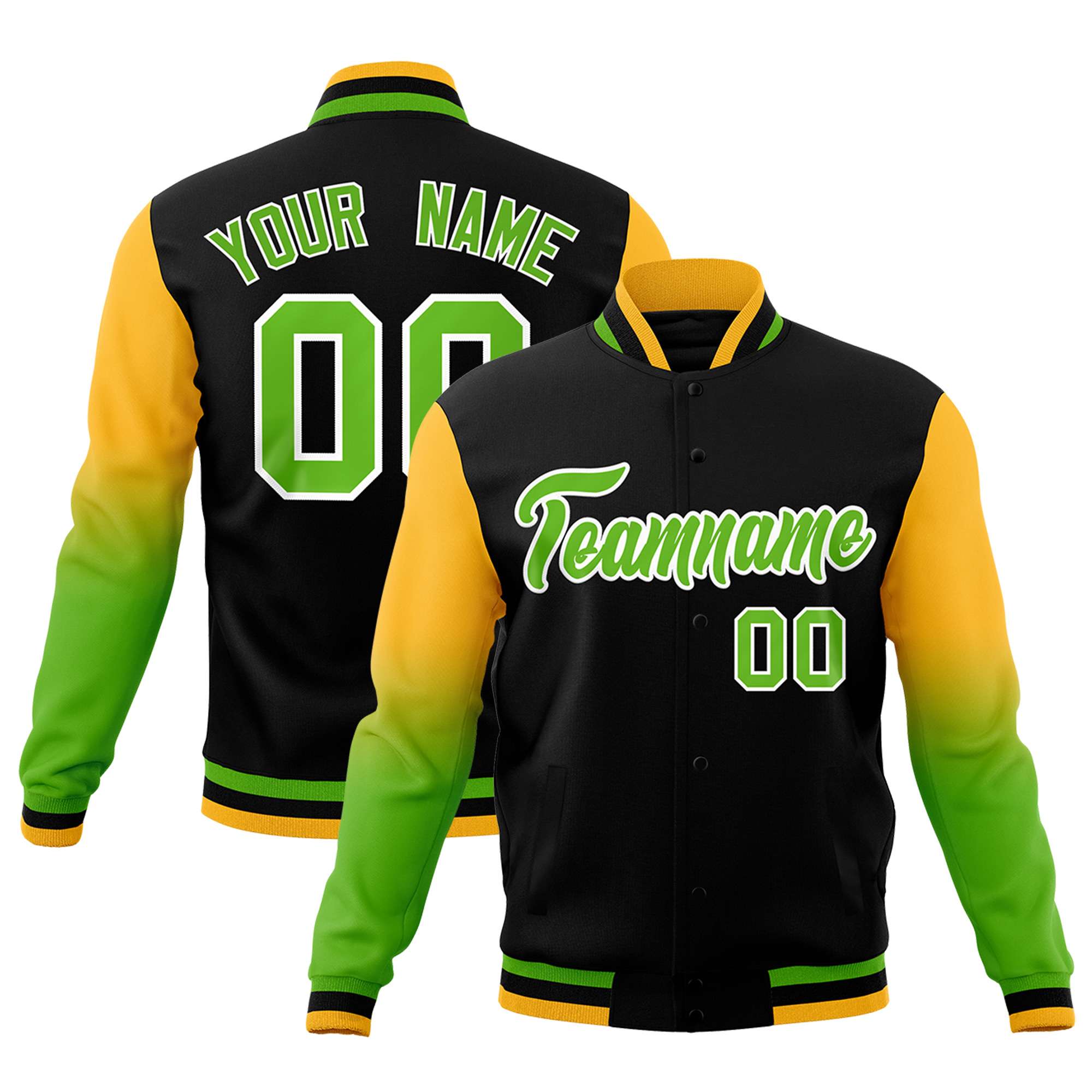 Custom Black Green White Full-Snap Varsity Raglan Sleeves Gradient Letterman Jacket| KXKSHOP