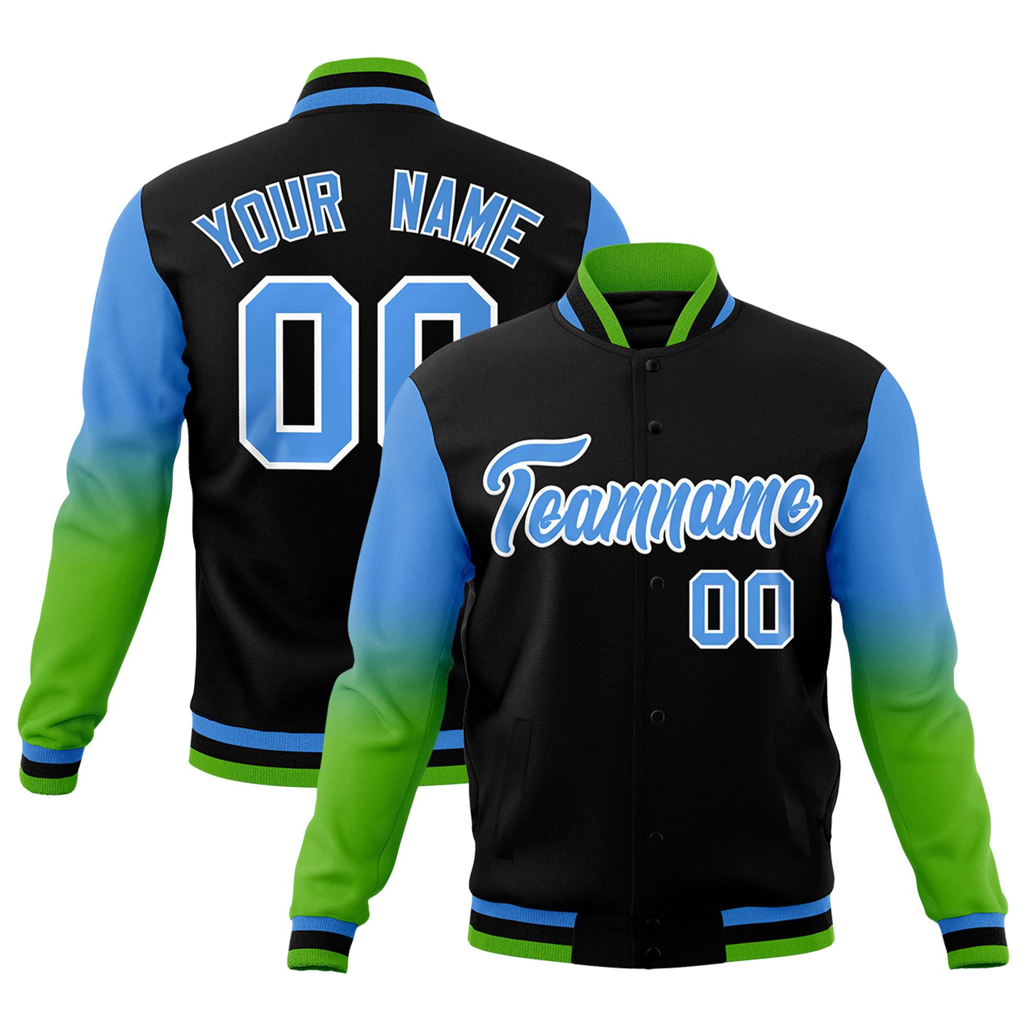 Custom Black Powder Blue White Full-Snap Varsity Raglan Sleeves Gradient Letterman Jacket| KXKSHOP