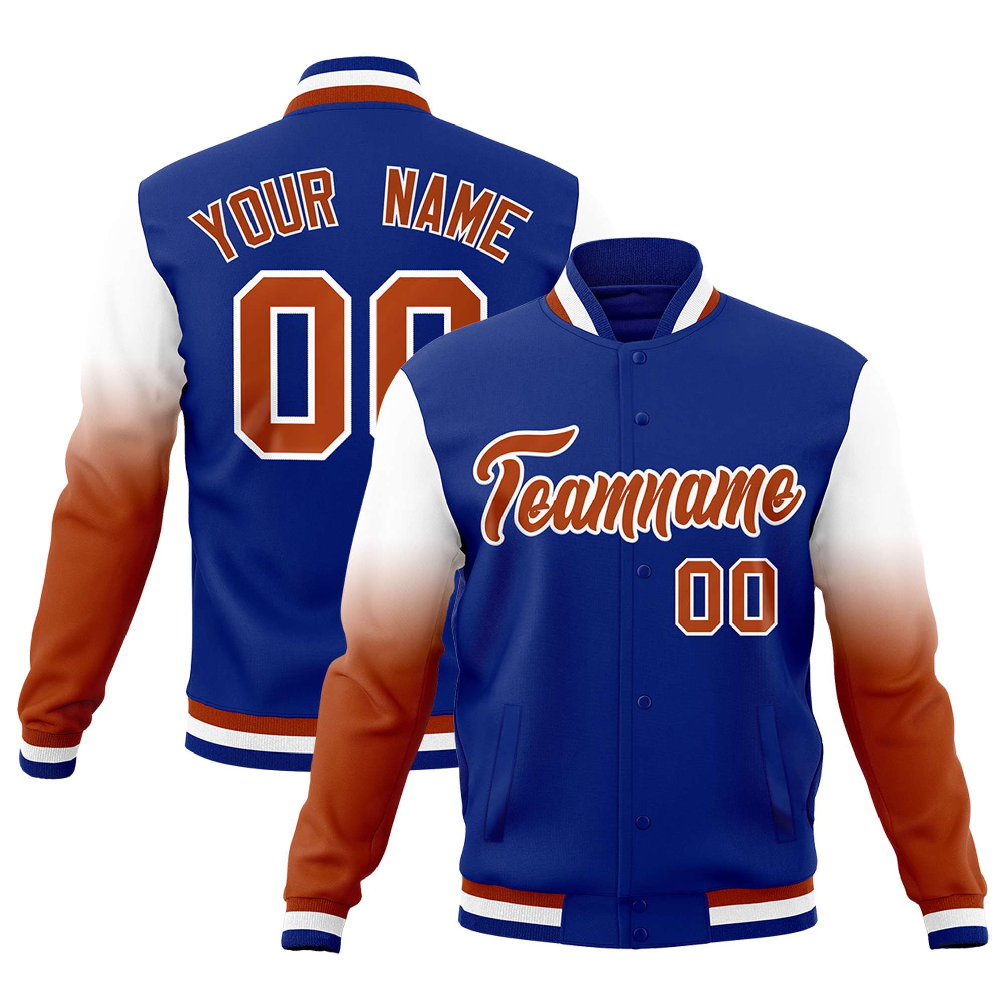 Custom Royal Blue Dark Orange White Full-Snap Varsity Raglan Sleeves Gradient Letterman Jacket| KXKSHOP
