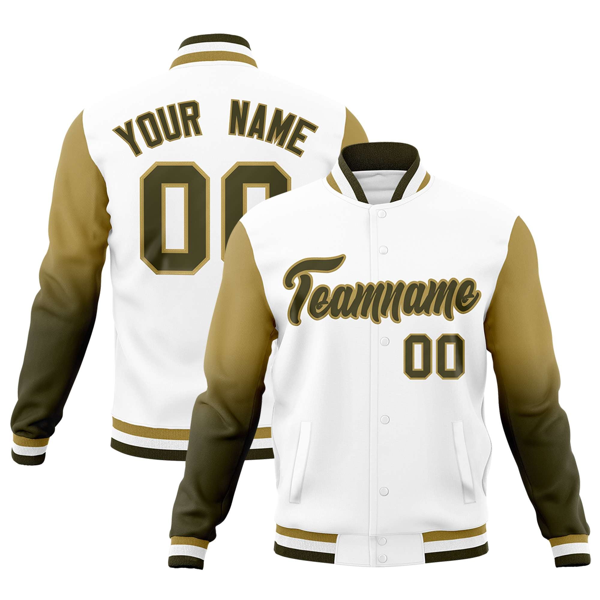 Custom White Olive Desert Yellow Full-Snap Varsity Raglan Sleeves Gradient Letterman Jacket| KXKSHOP