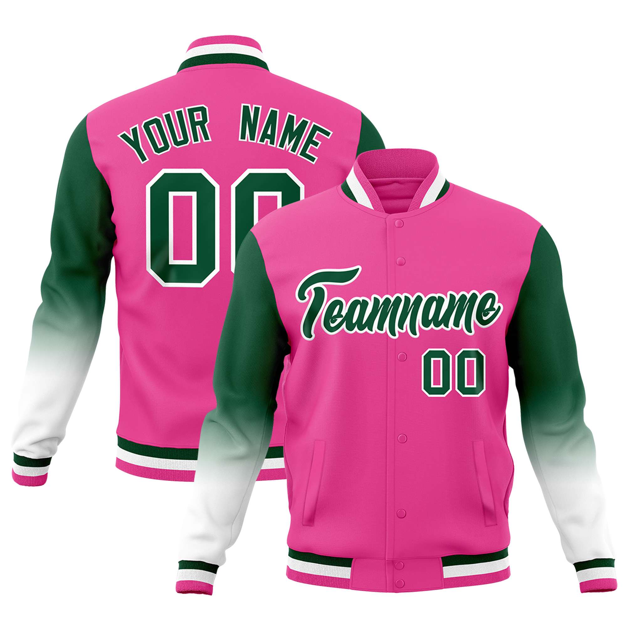 Custom Pink Green White Full-Snap Varsity Raglan Sleeves Gradient Letterman Jacket| KXKSHOP