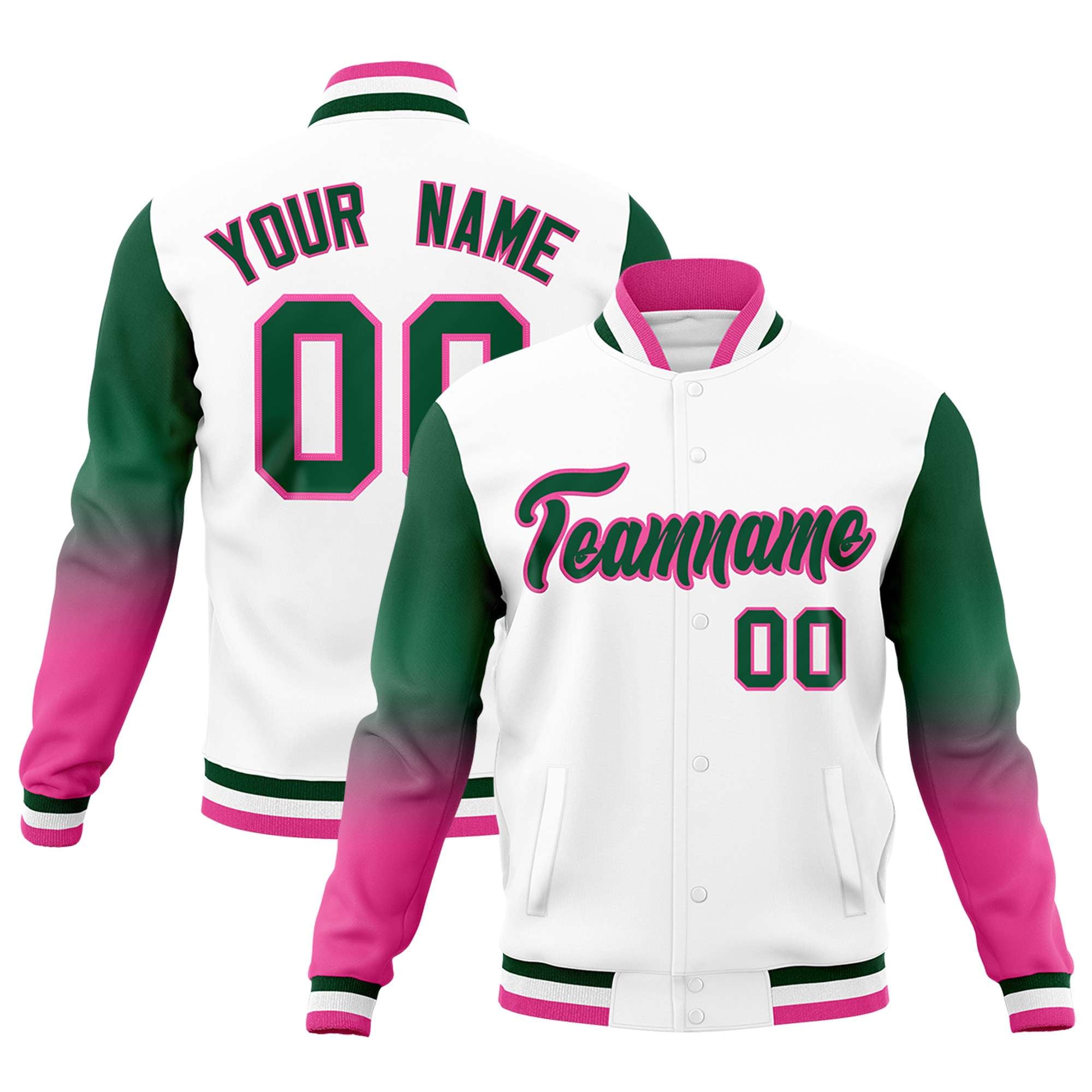 Custom White Green Pink Full-Snap Varsity Raglan Sleeves Gradient Letterman Jacket| KXKSHOP