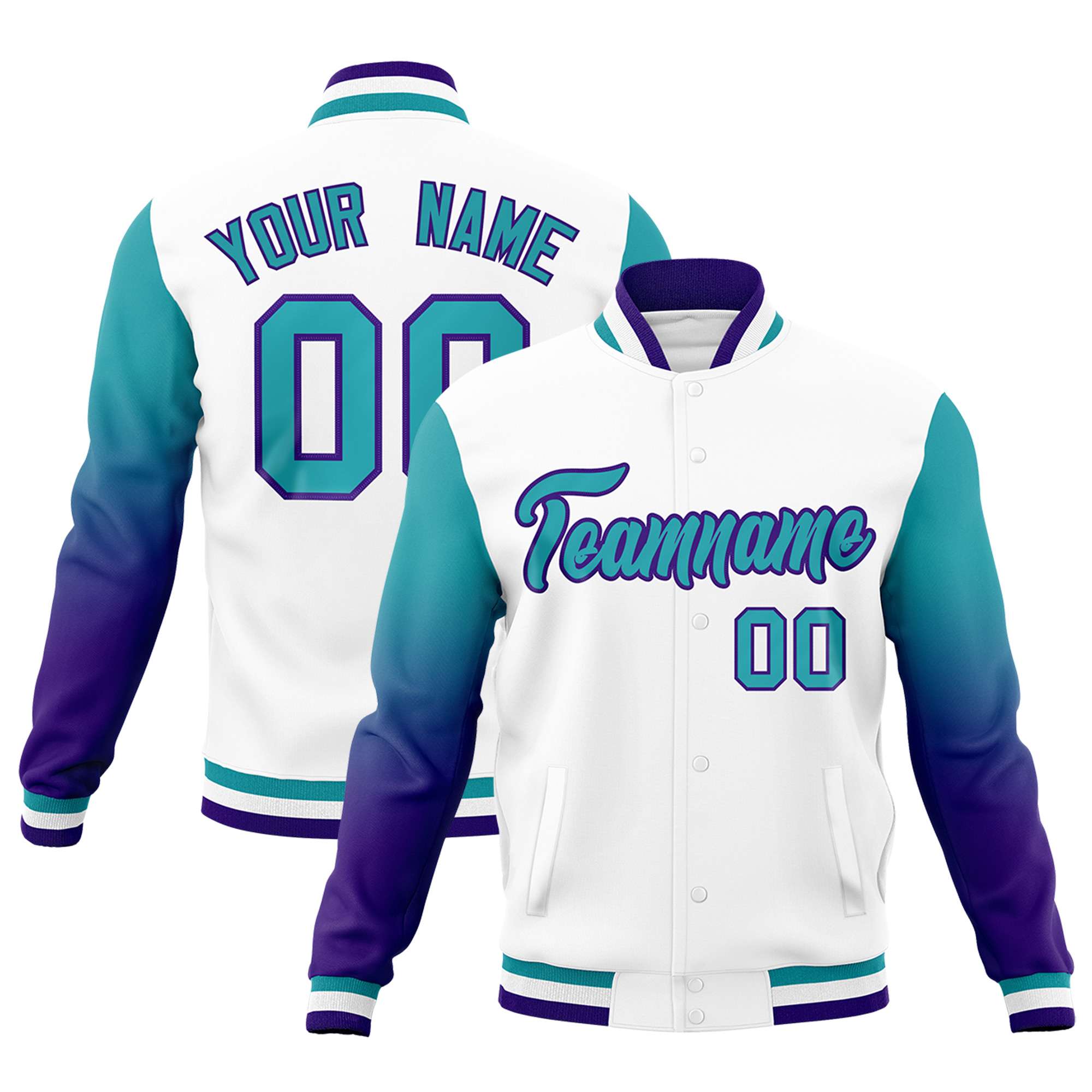 Custom White Aqua Purple Full-Snap Varsity Raglan Sleeves Gradient Letterman Jacket| KXKSHOP