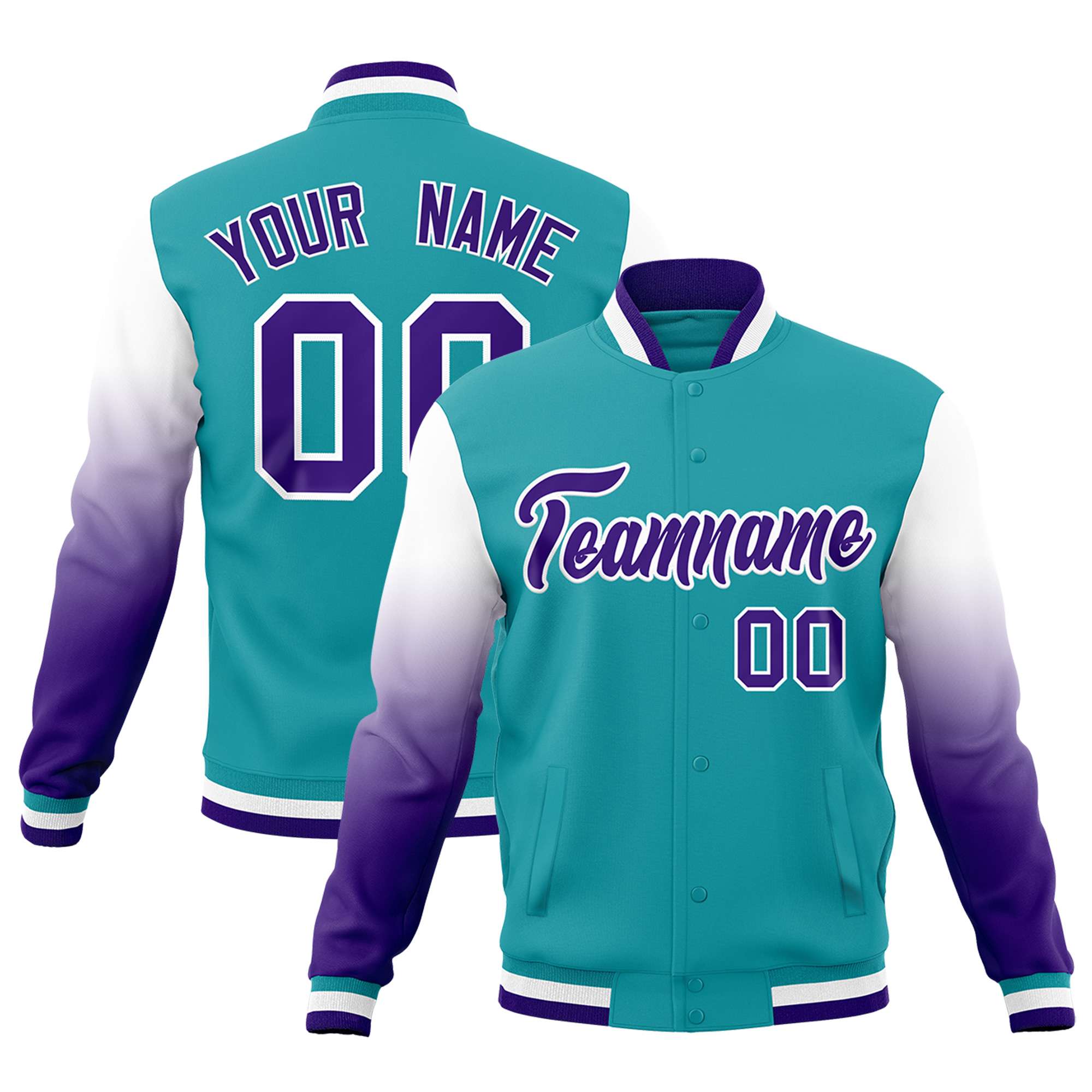 Custom Aqua Purple White Full-Snap Varsity Raglan Sleeves Gradient Letterman Jacket| KXKSHOP