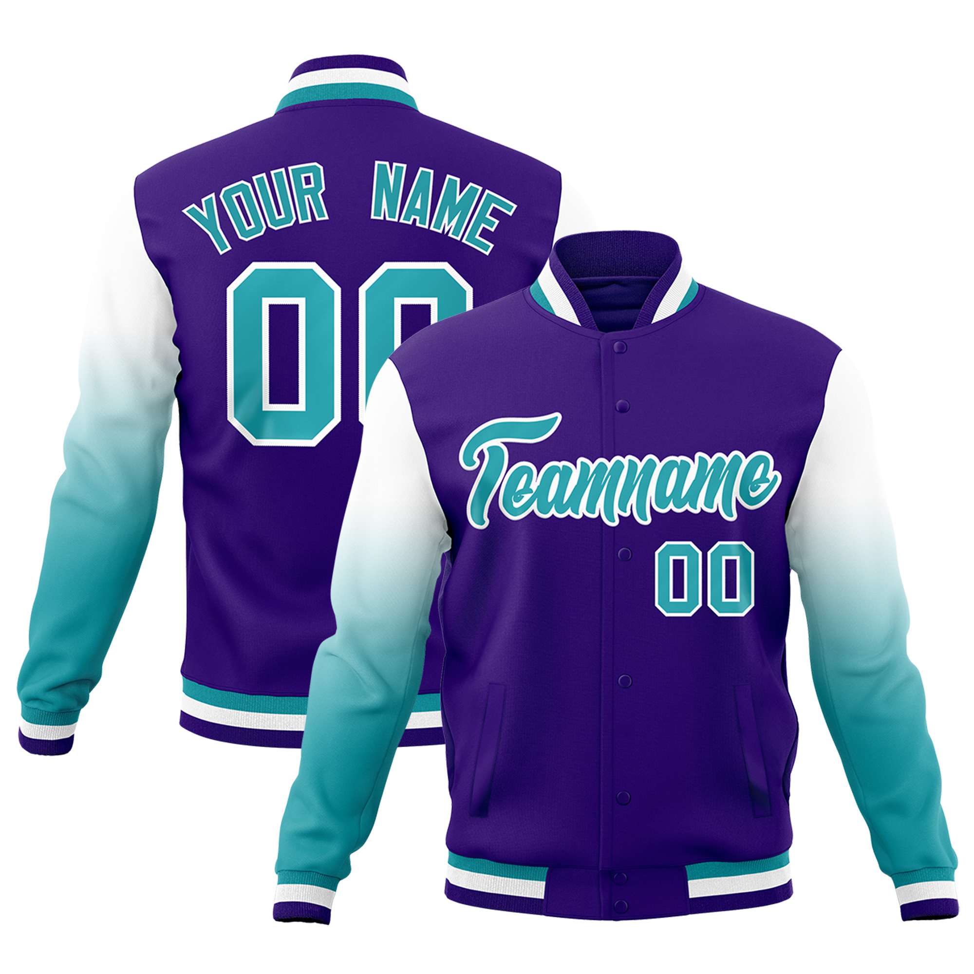 Custom Purple Aqua White Full-Snap Varsity Raglan Sleeves Gradient Letterman Jacket| KXKSHOP