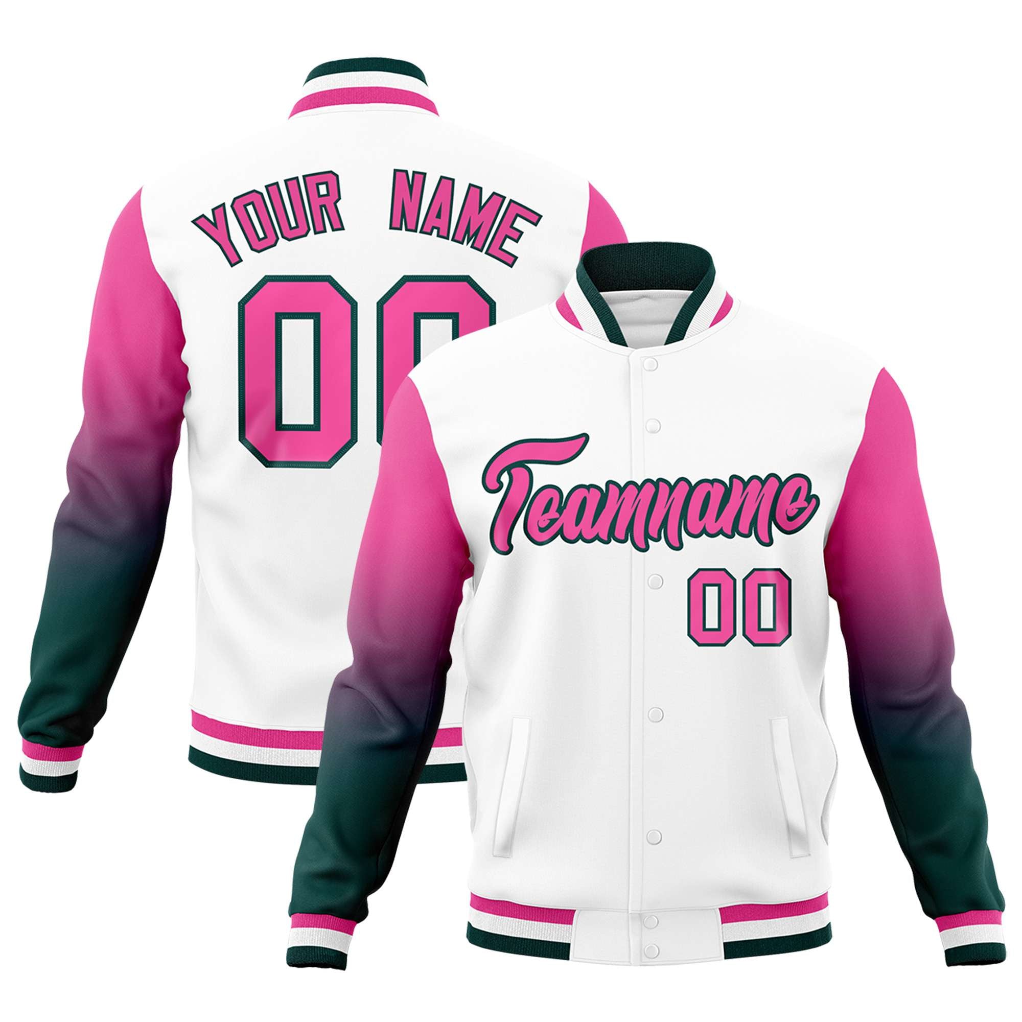 Custom White Pink Midnight Green Full-Snap Varsity Raglan Sleeves Gradient Letterman Jacket| KXKSHOP