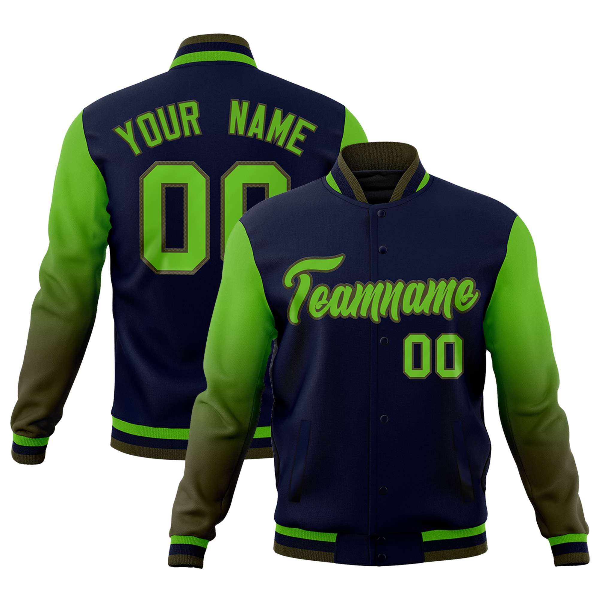 Custom Navy Green Olive Full-Snap Varsity Raglan Sleeves Gradient Letterman Jacket| KXKSHOP
