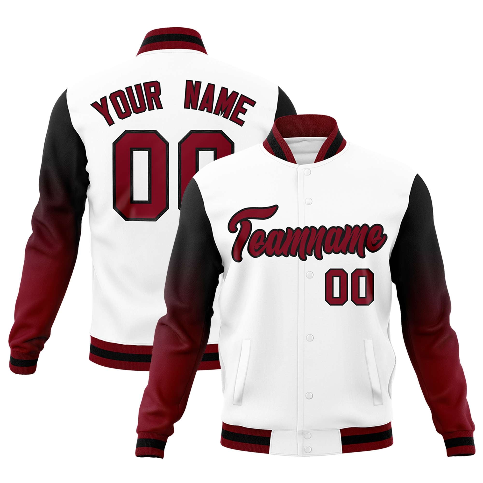 Custom White Crimson Black Full-Snap Varsity Raglan Sleeves Gradient Letterman Jacket| KXKSHOP