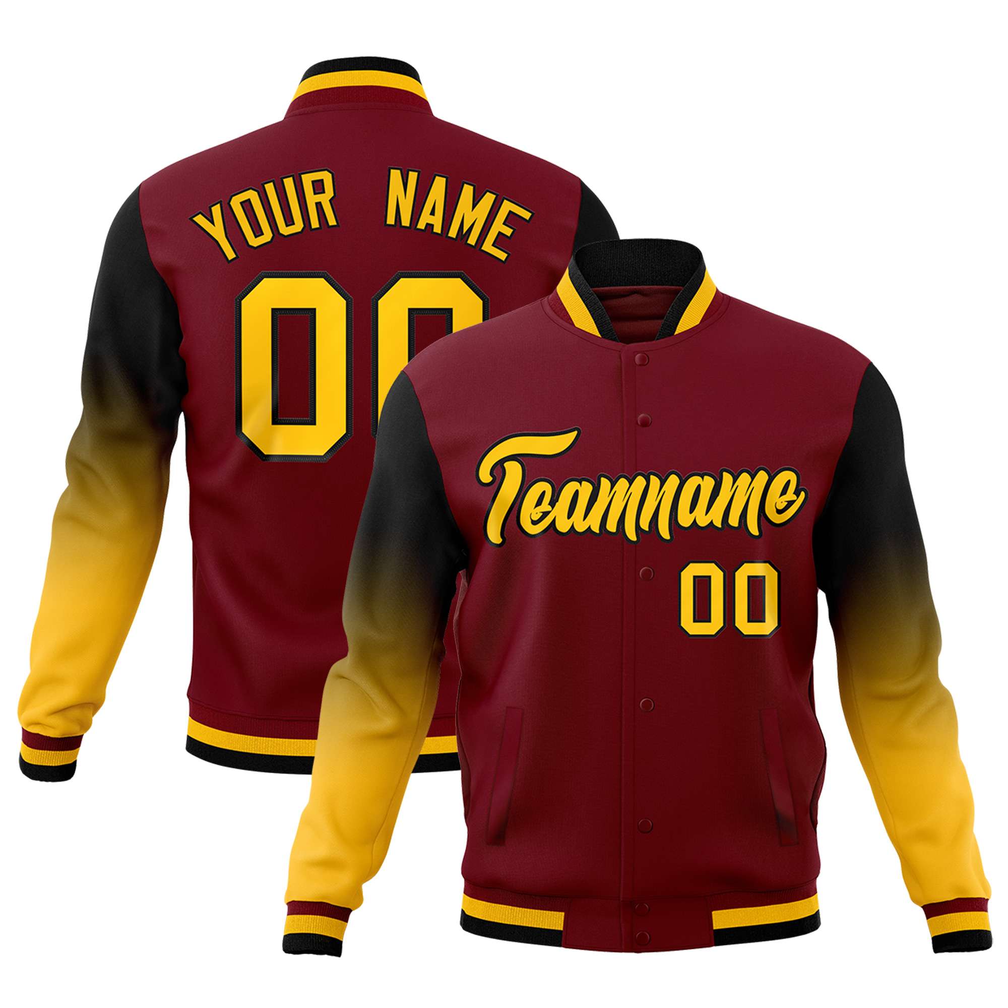 Custom Crimson Gold Black Full-Snap Varsity Raglan Sleeves Gradient Letterman Jacket| KXKSHOP