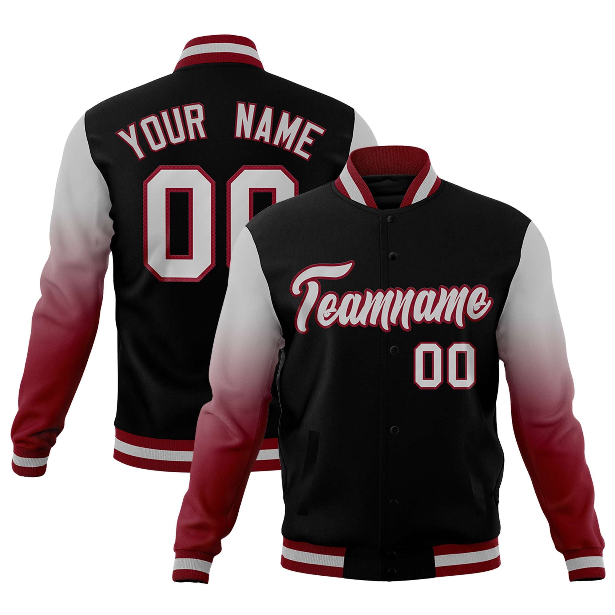Custom Black Gray Crimson Full-Snap Varsity Raglan Sleeves Gradient Letterman Jacket| KXKSHOP
