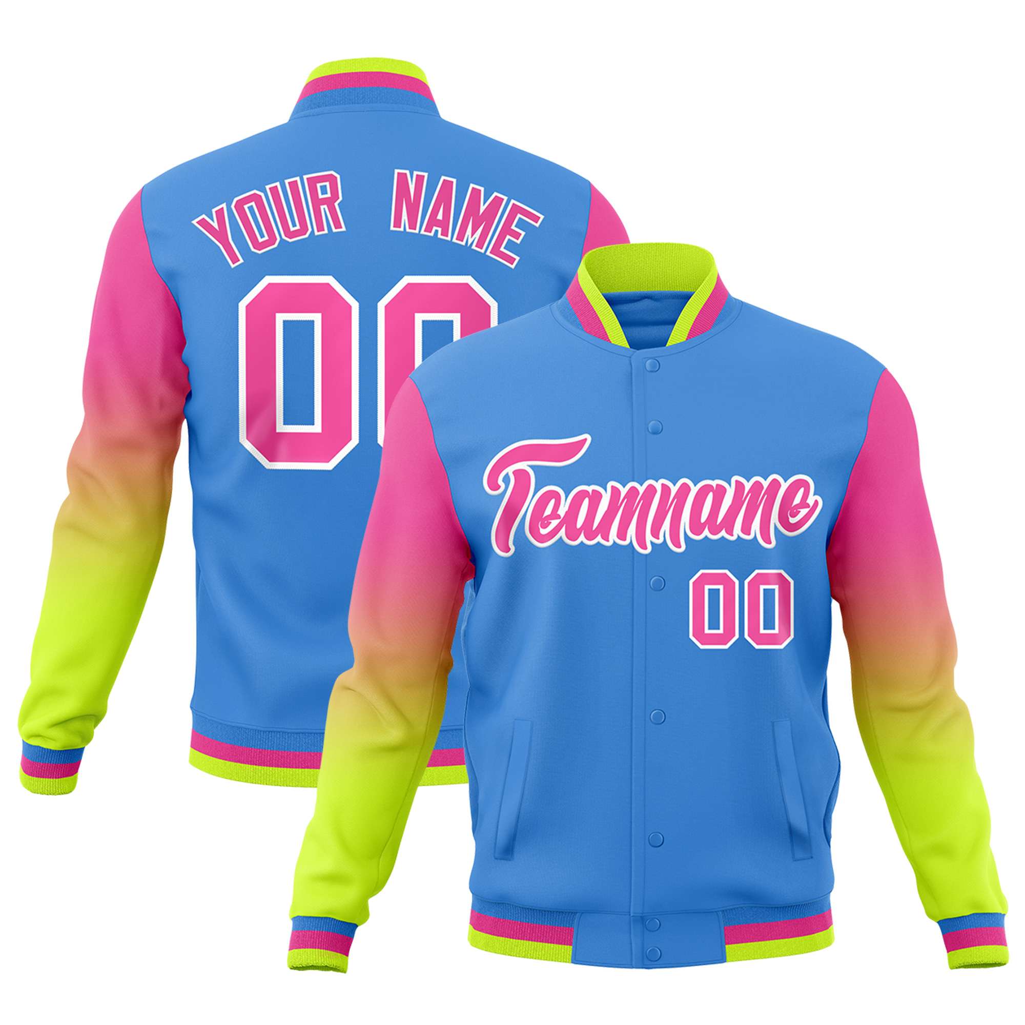 Custom Powder Blue Pink White Full-Snap Varsity Raglan Sleeves Gradient Letterman Jacket| KXKSHOP