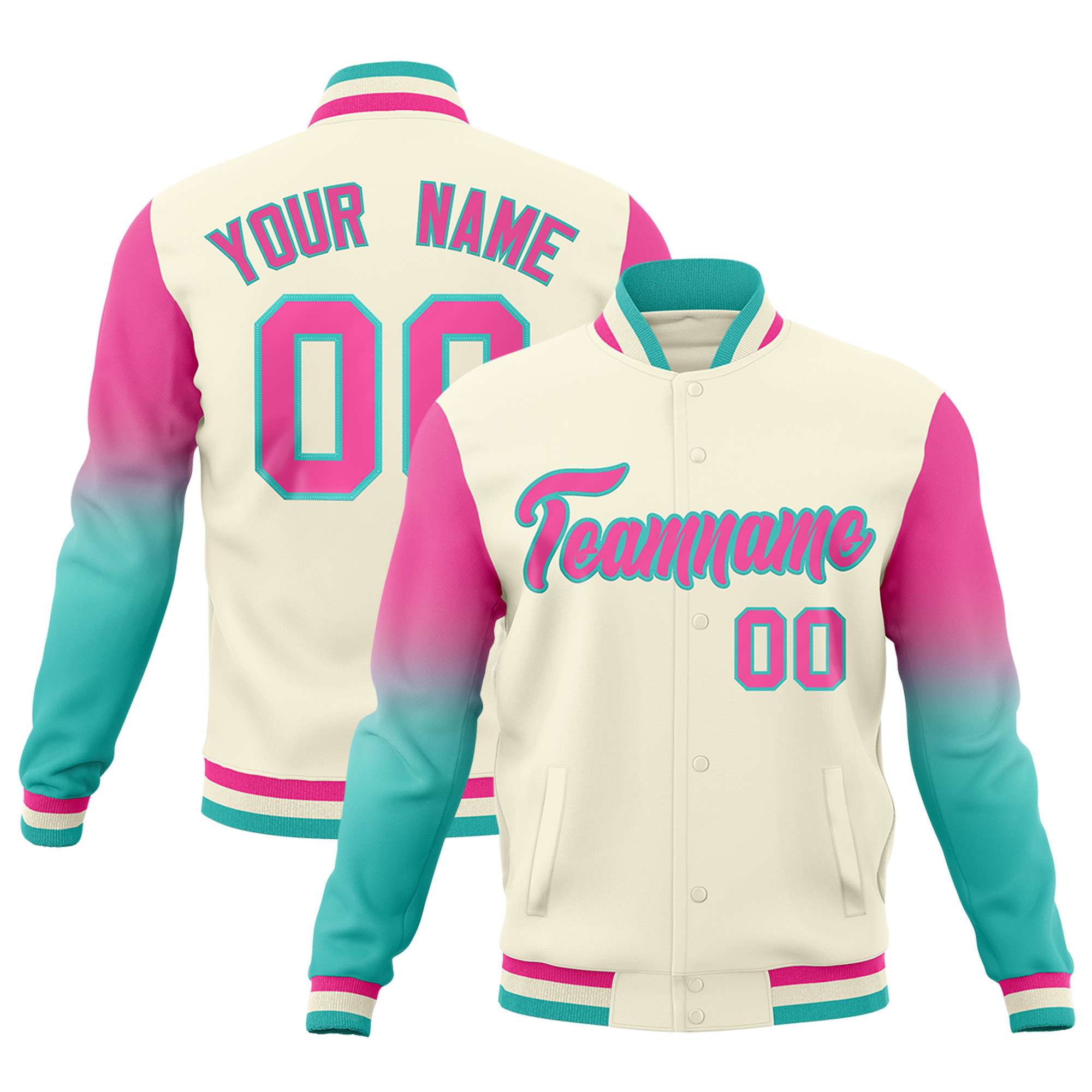 Custom Cream Pink Bright Green Full-Snap Varsity Raglan Sleeves Gradient Letterman Jacket| KXKSHOP