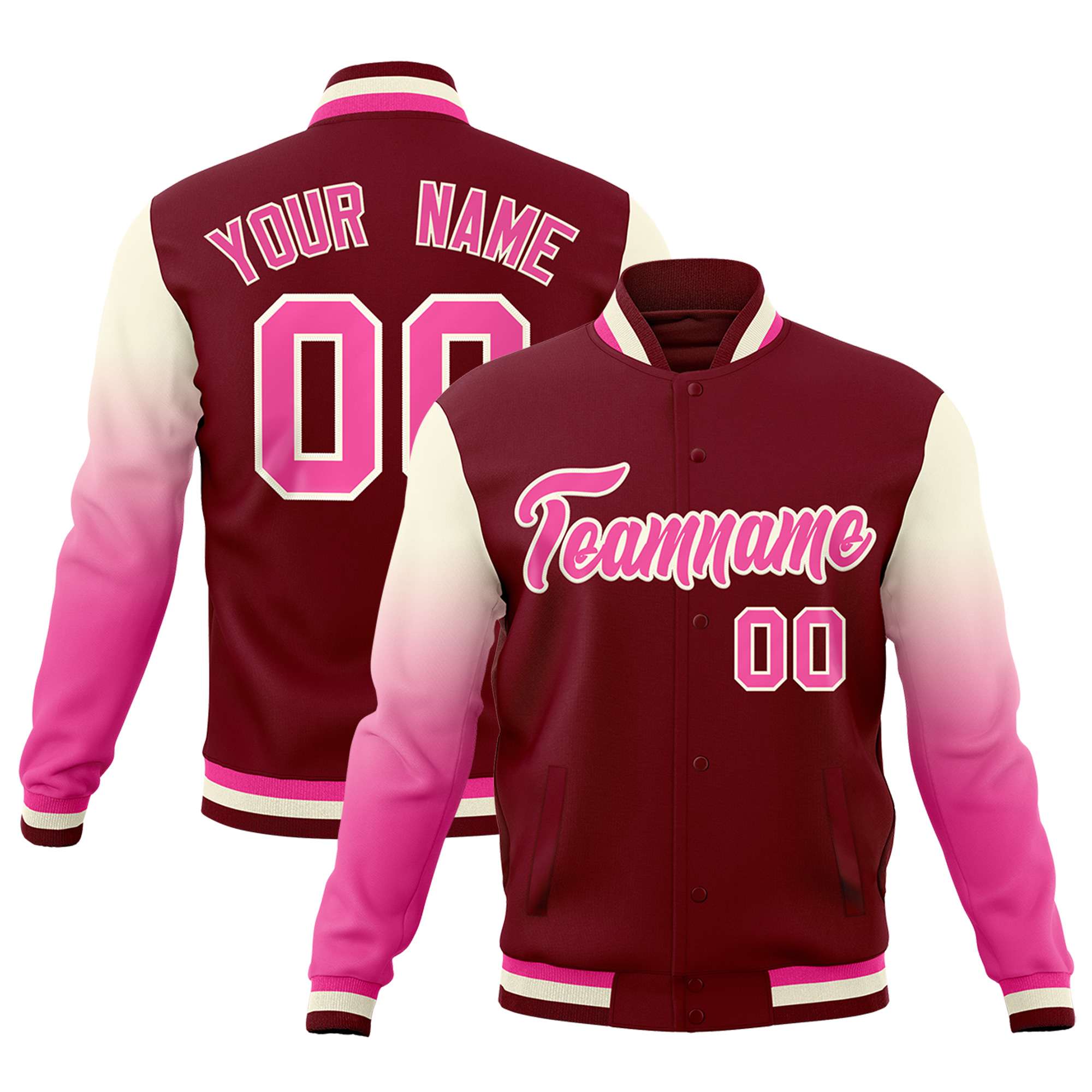 Custom Crimson Pink Cream Full-Snap Varsity Raglan Sleeves Gradient Letterman Jacket| KXKSHOP