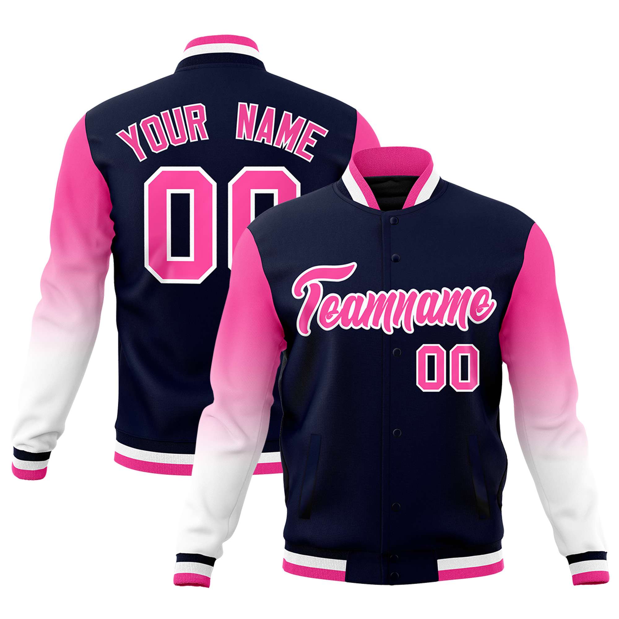 Custom Navy Pink White Full-Snap Varsity Raglan Sleeves Gradient Letterman Jacket| KXKSHOP