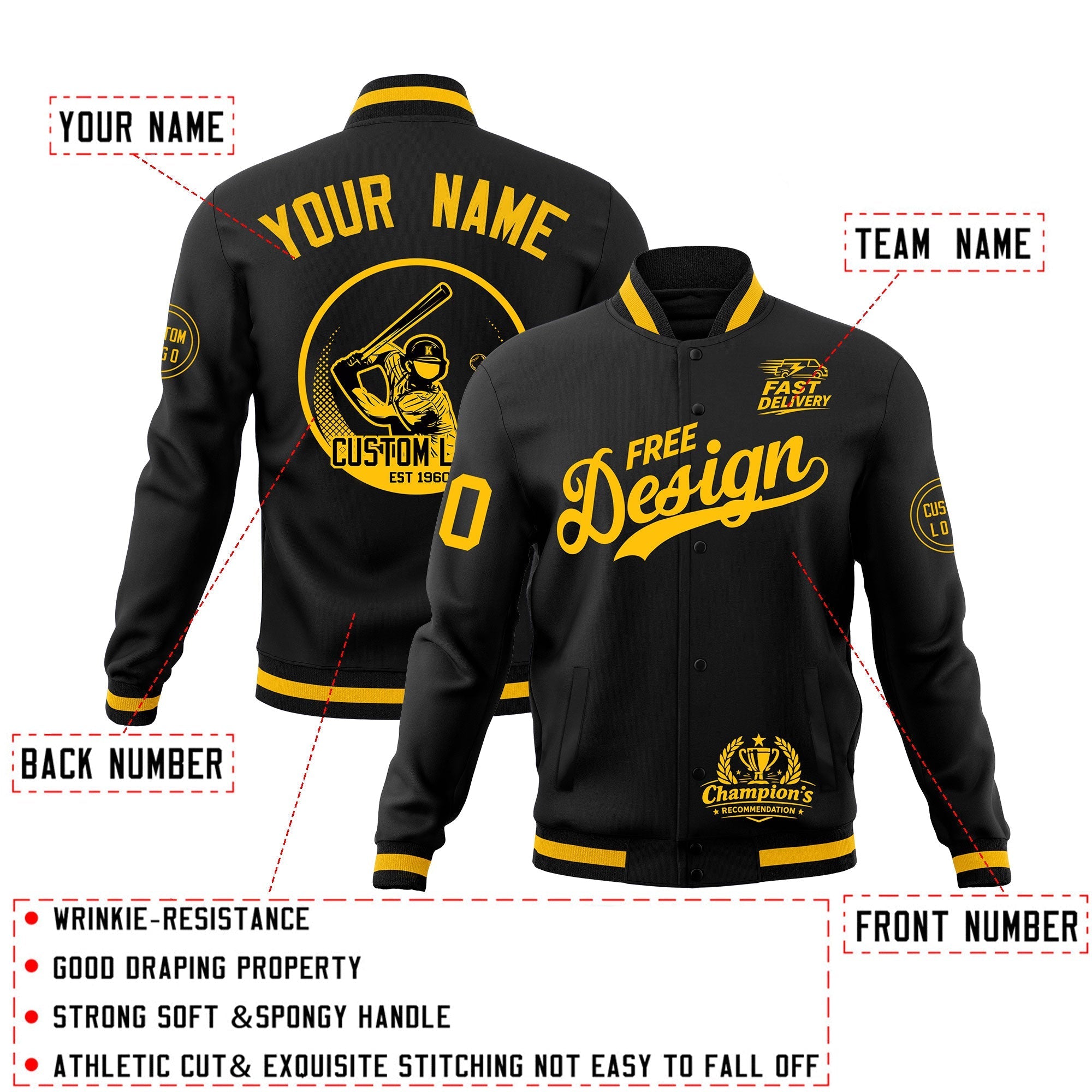 Custom Black Gold Classic Style Full-Snap Breathable Jacket| KXKSHOP