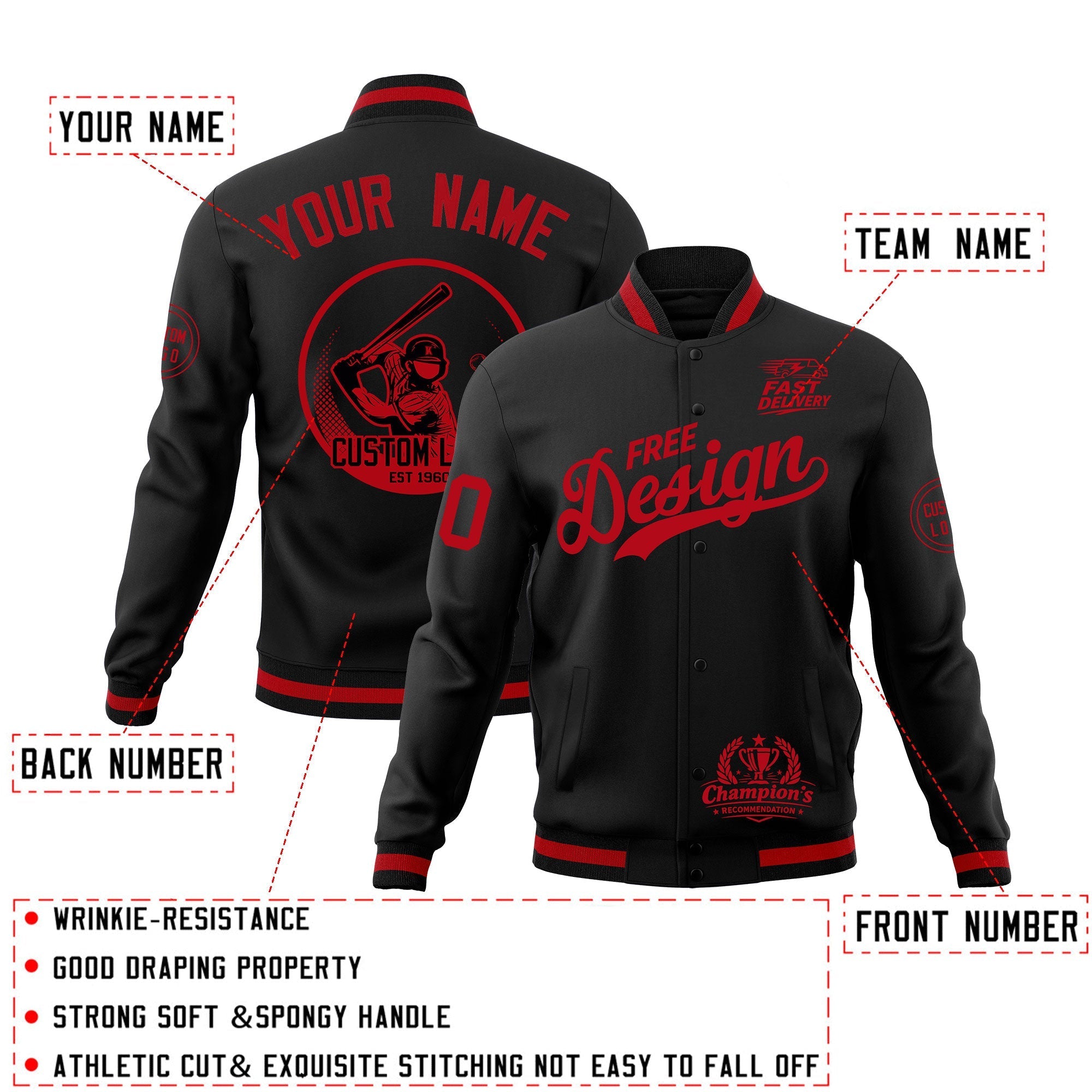 Custom Black Red Classic Style Full-Snap Breathable Jacket| KXKSHOP