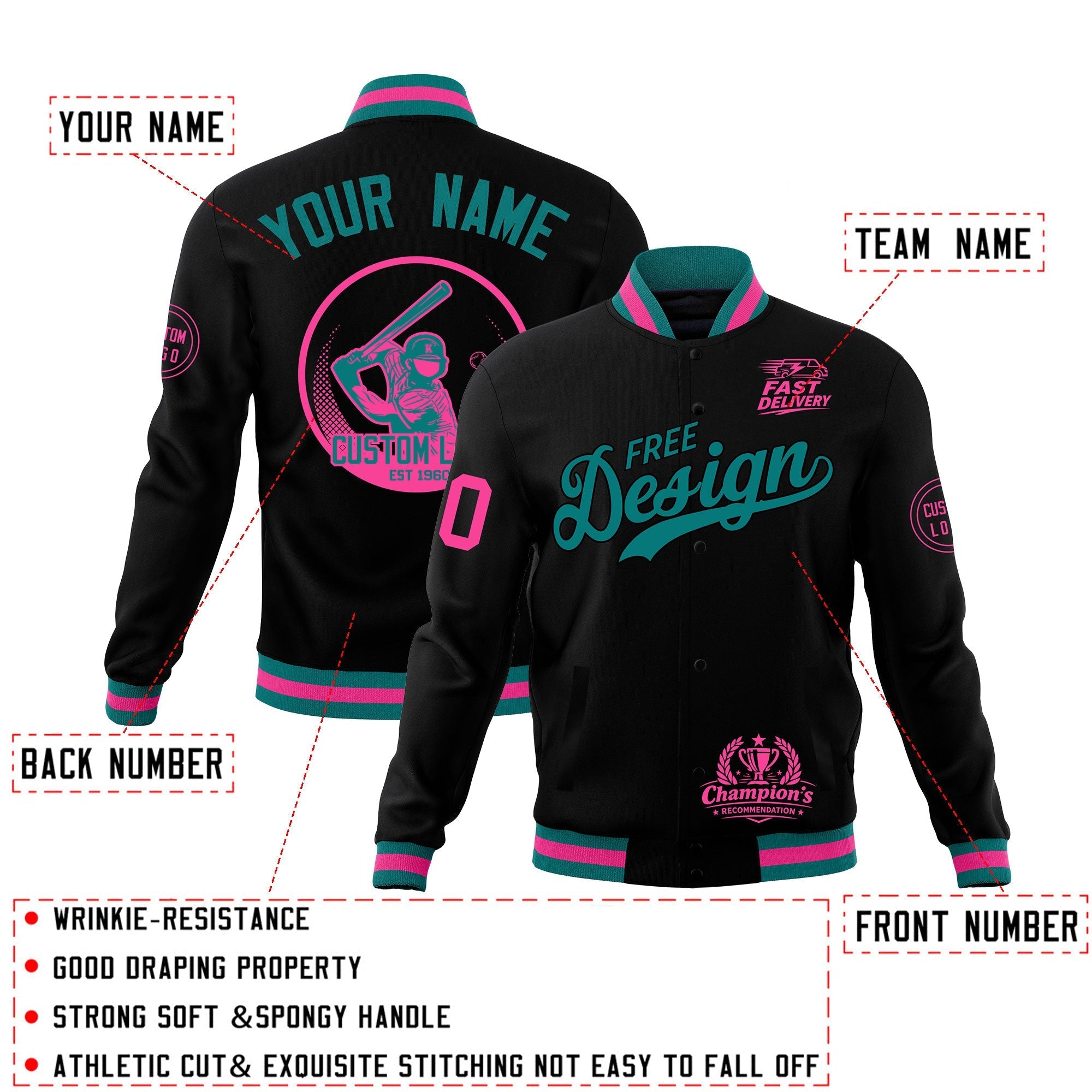 Custom Black Teal Pink Classic Style Full-Snap Breathable Jacket| KXKSHOP