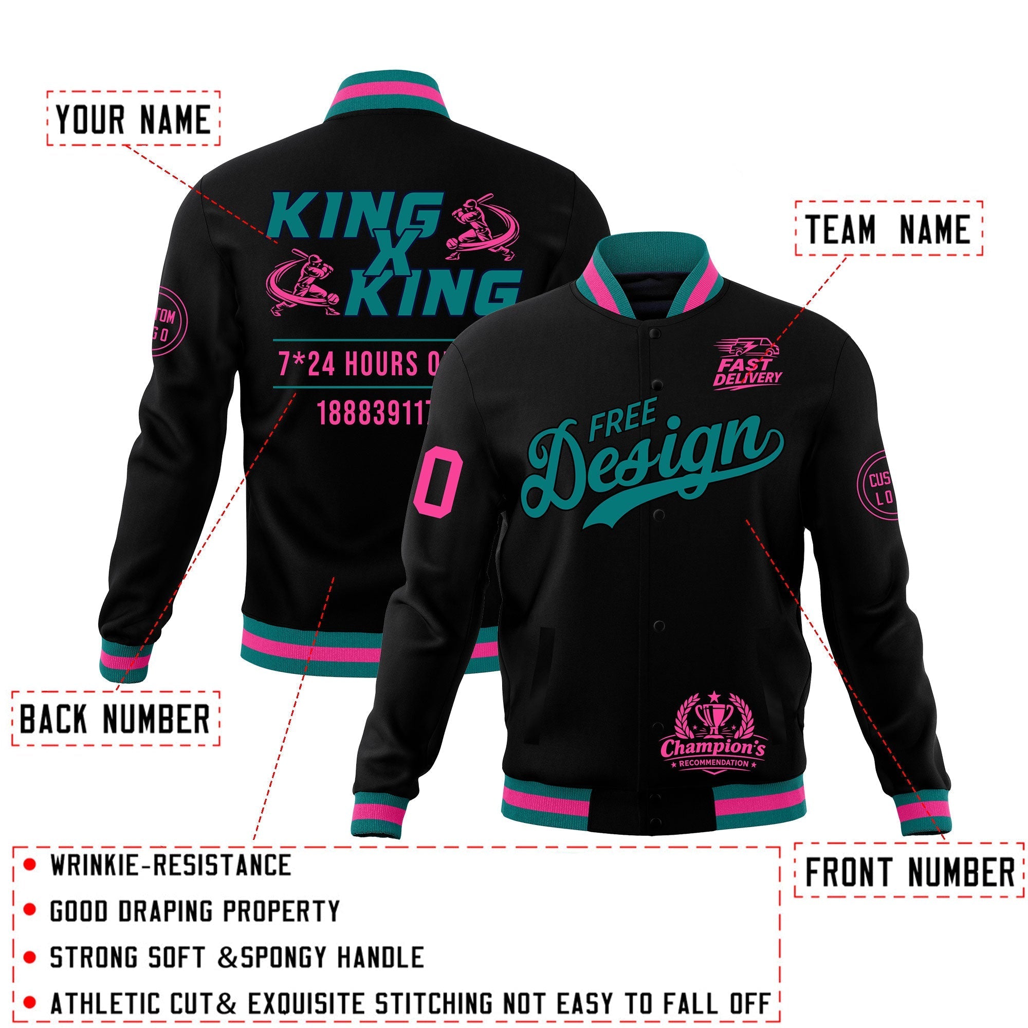 Custom Black Teal Pink Classic Style Full-Snap Wrinkle-Resistant Jacket| KXKSHOP