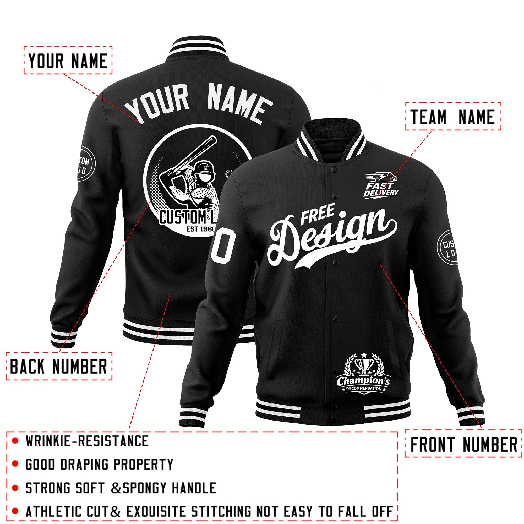 Custom Black White Classic Style Full-Snap Breathable Jacket| KXKSHOP