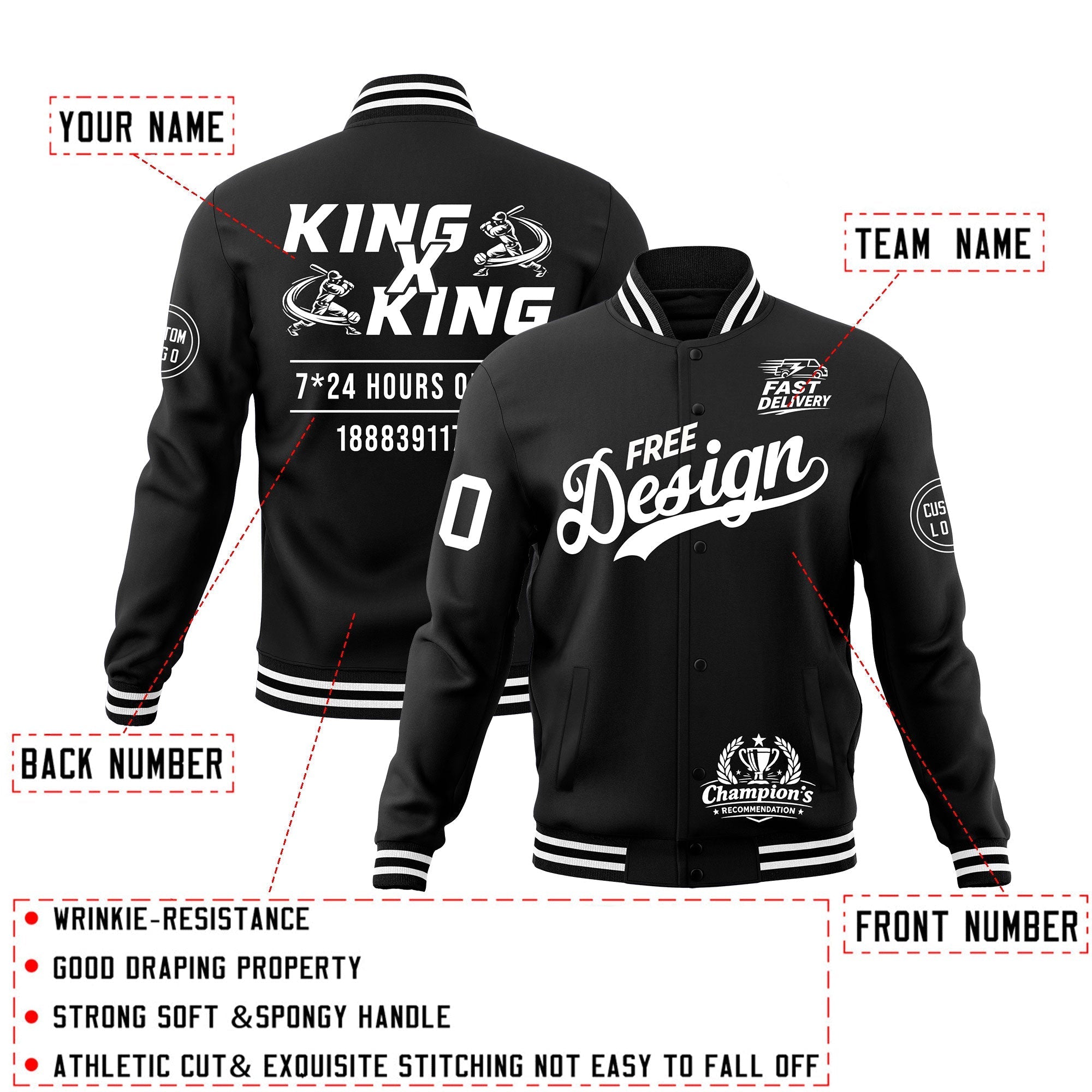 Custom Black White Classic Style Full-Snap Wrinkle-Resistant Jacket| KXKSHOP