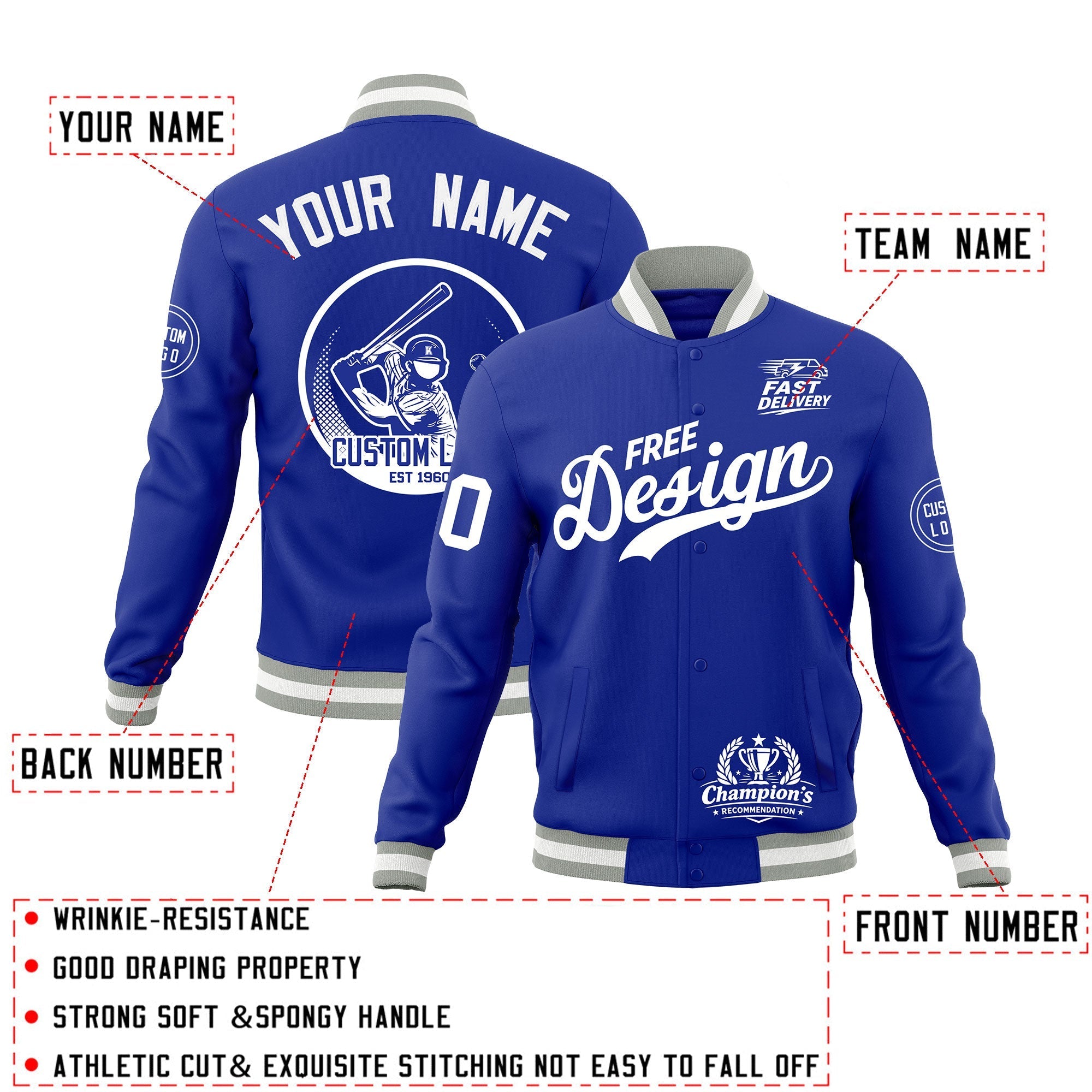 Custom Royal Blue Gray White Classic Style Full-Snap Breathable Jacket| KXKSHOP