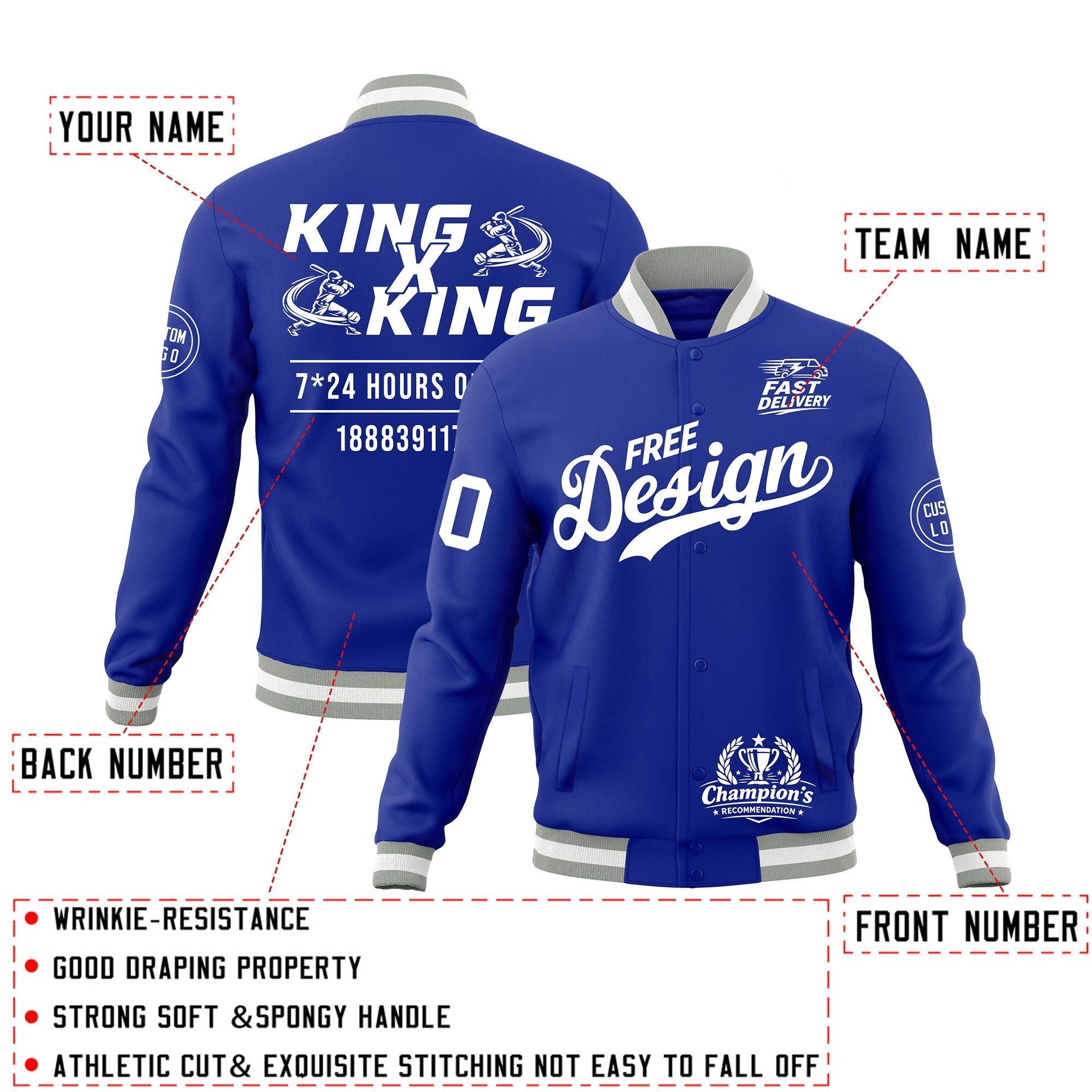 Custom Royal Blue Gray White Classic Style Full-Snap Wrinkle-Resistant Jacket| KXKSHOP