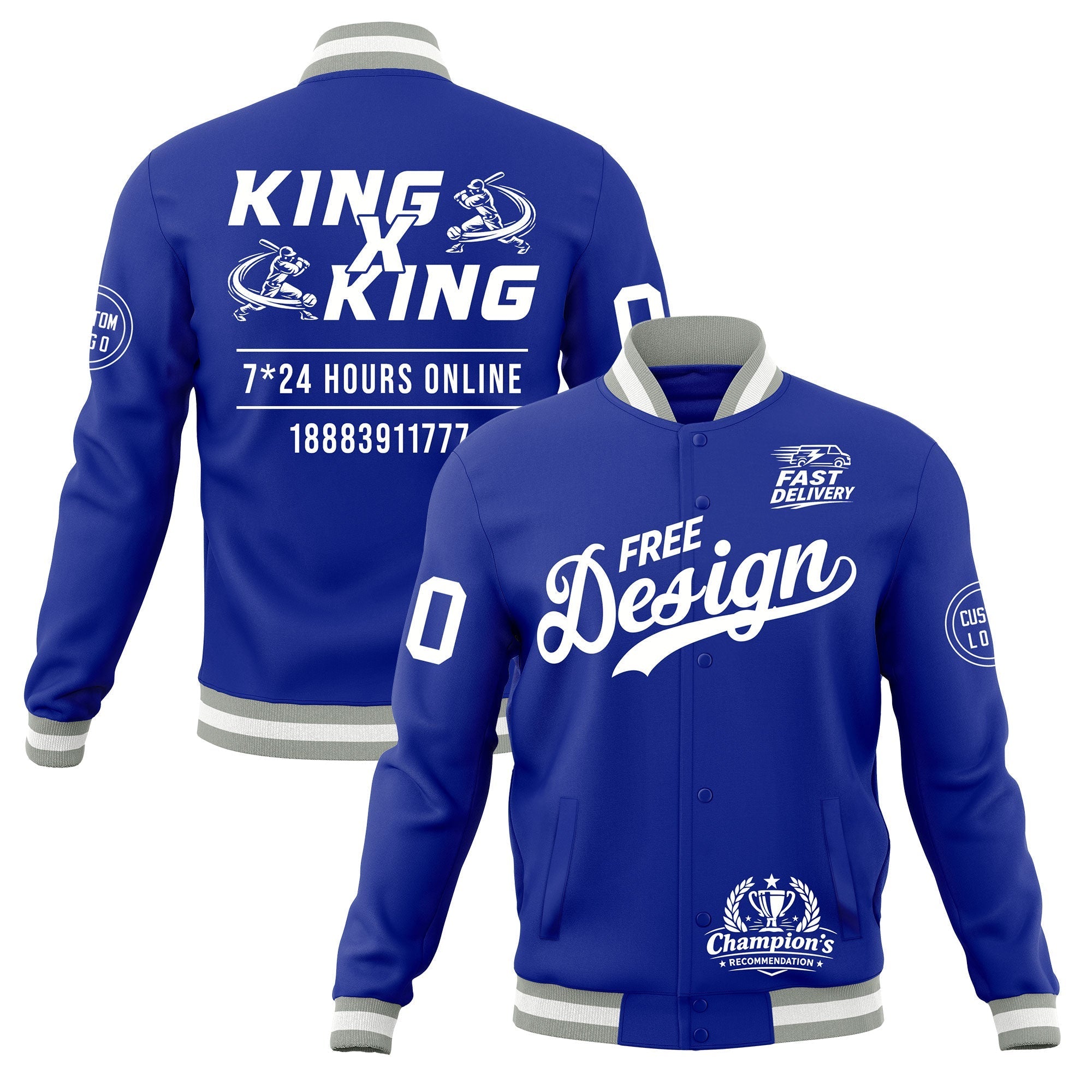 Custom Royal Blue Gray White Classic Style Full-Snap Wrinkle-Resistant Jacket| KXKSHOP