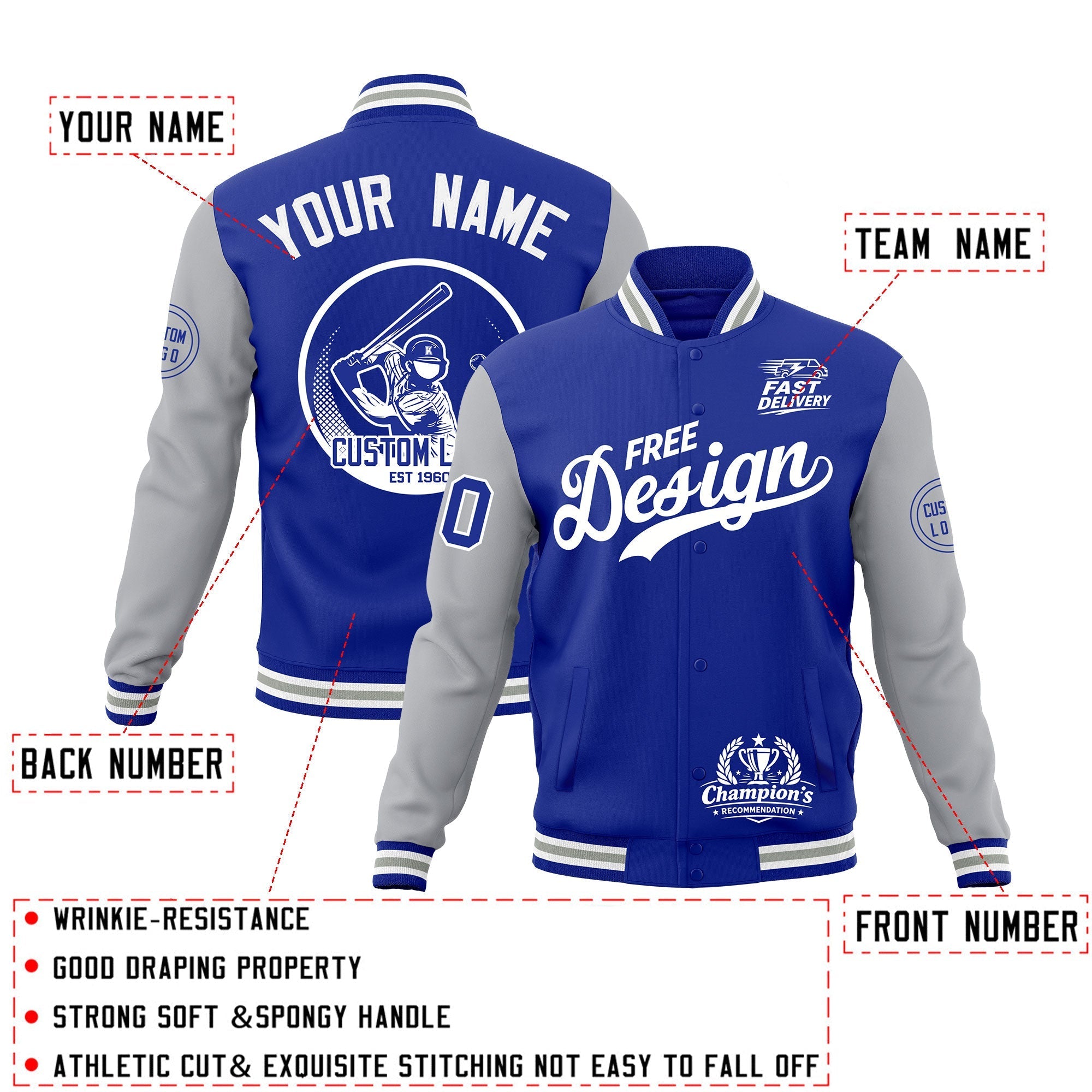 Custom Royal Blue White Gray Classic Style Full-Snap Breathable Jacket| KXKSHOP