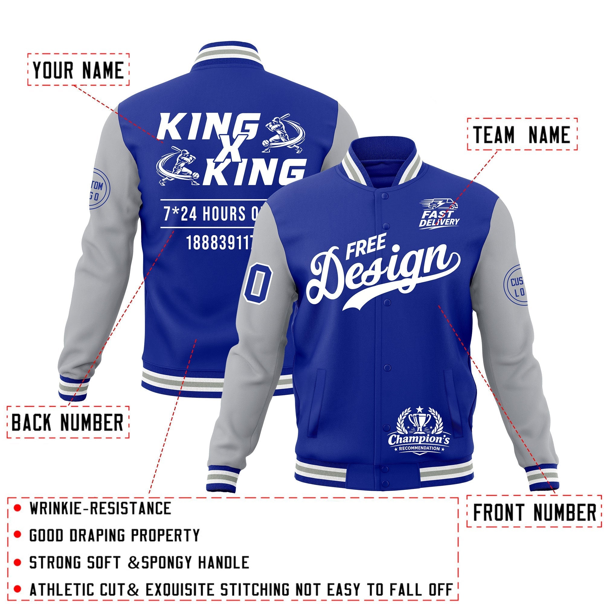 Custom Royal Blue White Gray Classic Style Full-Snap Wrinkle-Resistant Jacket| KXKSHOP