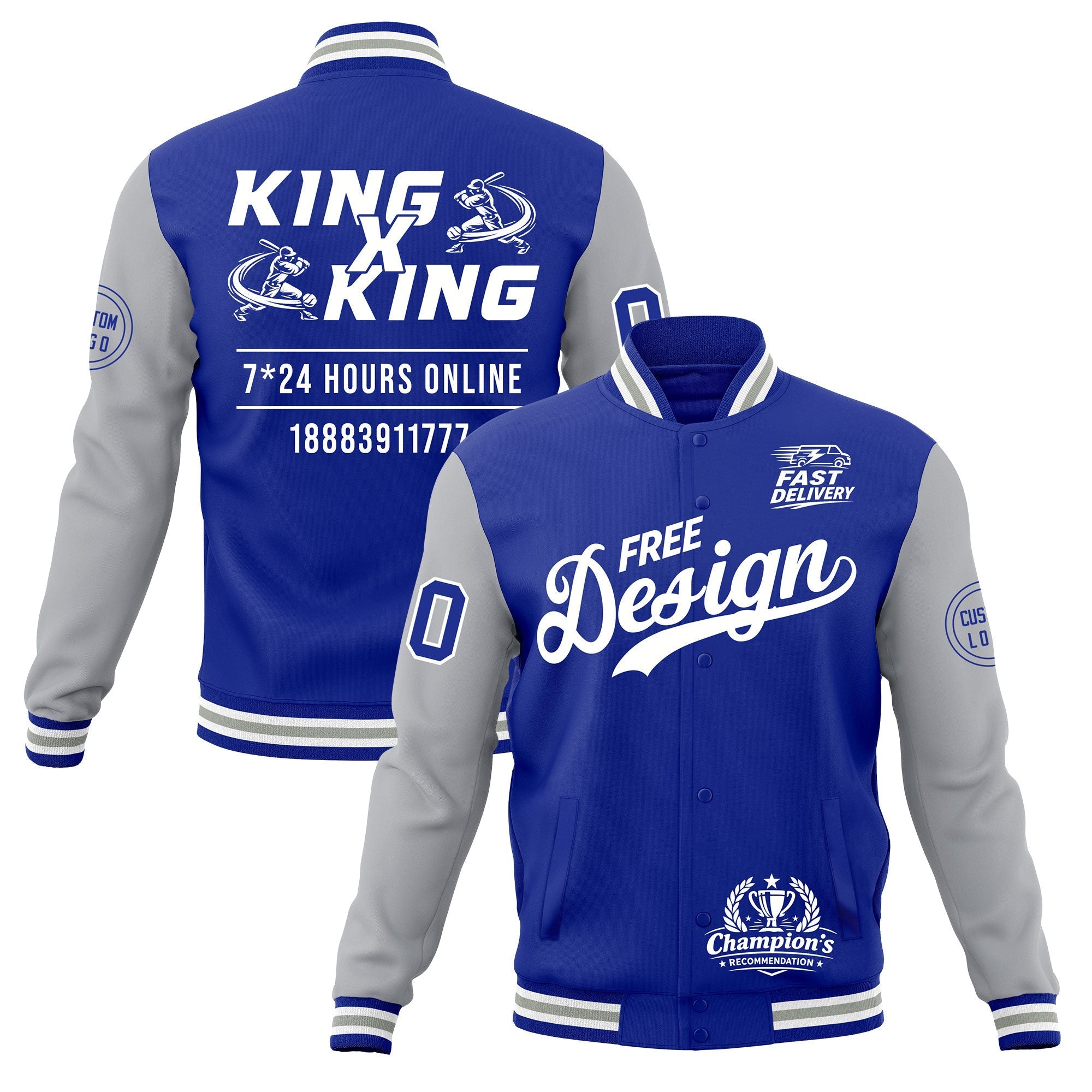 Custom Royal Blue White Gray Classic Style Full-Snap Wrinkle-Resistant Jacket| KXKSHOP