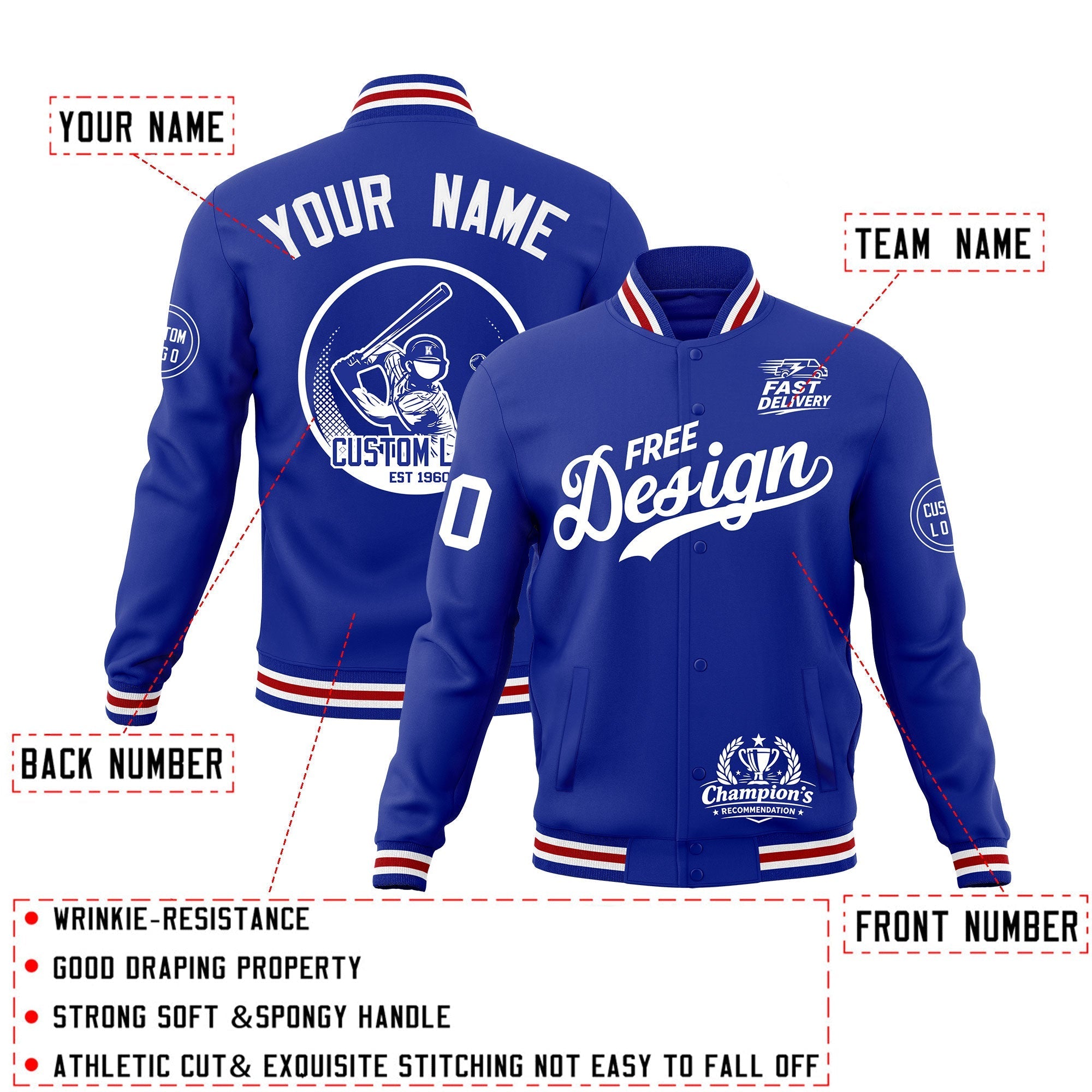 Custom Royal Blue White Red Classic Style Full-Snap Breathable Jacket| KXKSHOP