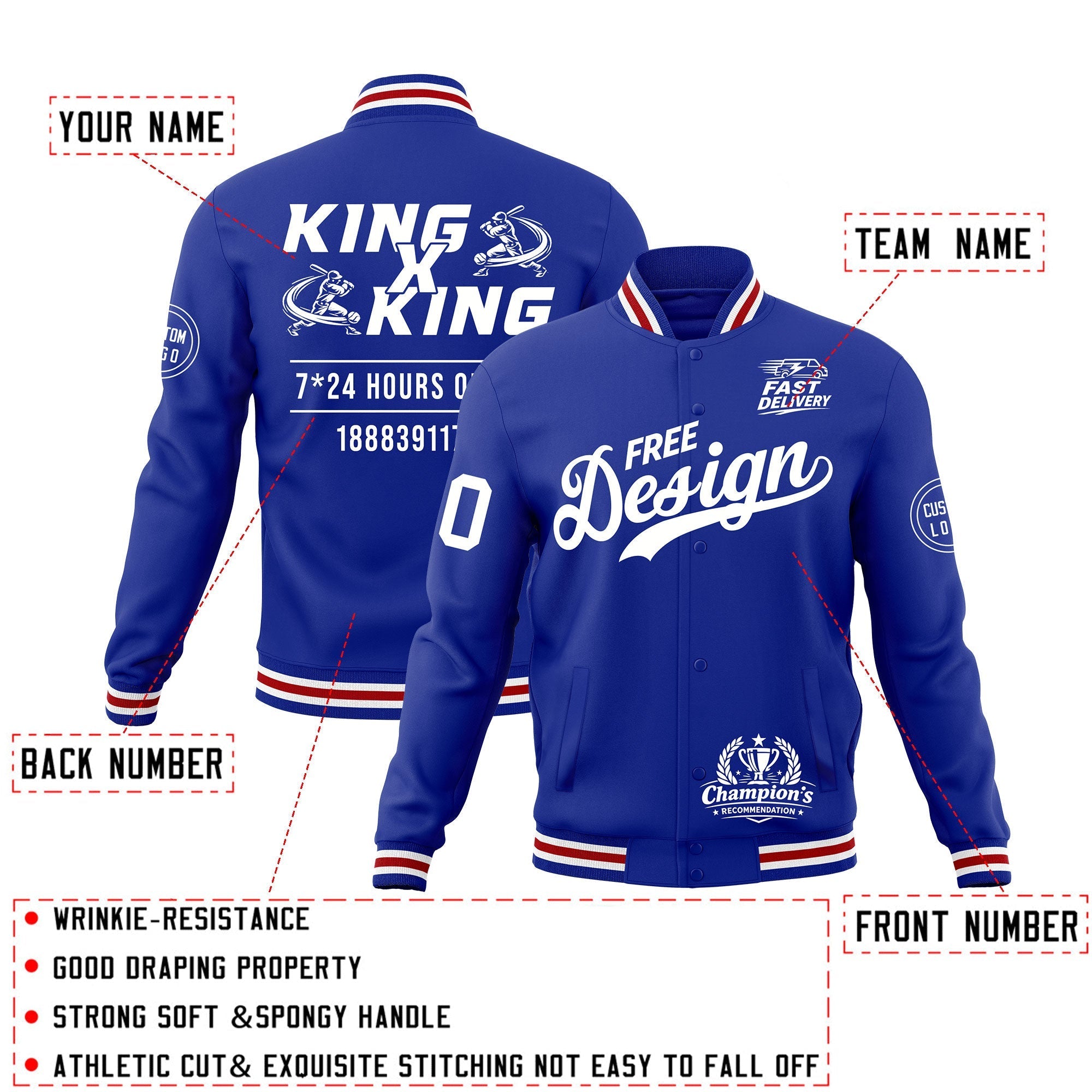 Custom Royal Blue White Red Classic Style Full-Snap Wrinkle-Resistant Jacket| KXKSHOP