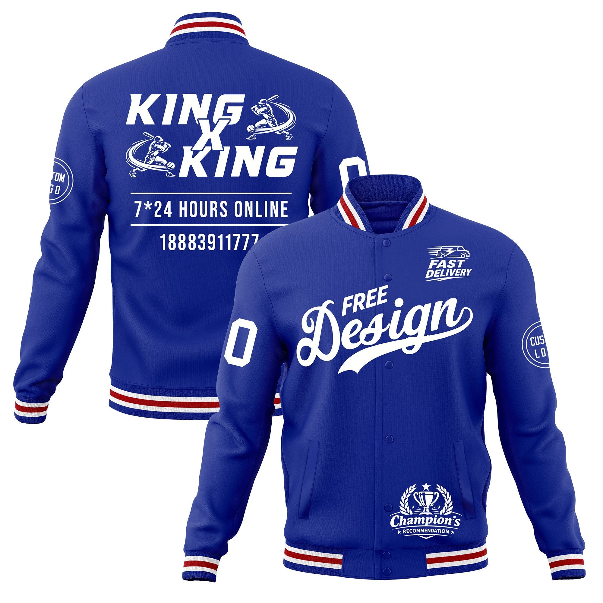 Custom Royal Blue White Red Classic Style Full-Snap Wrinkle-Resistant Jacket| KXKSHOP