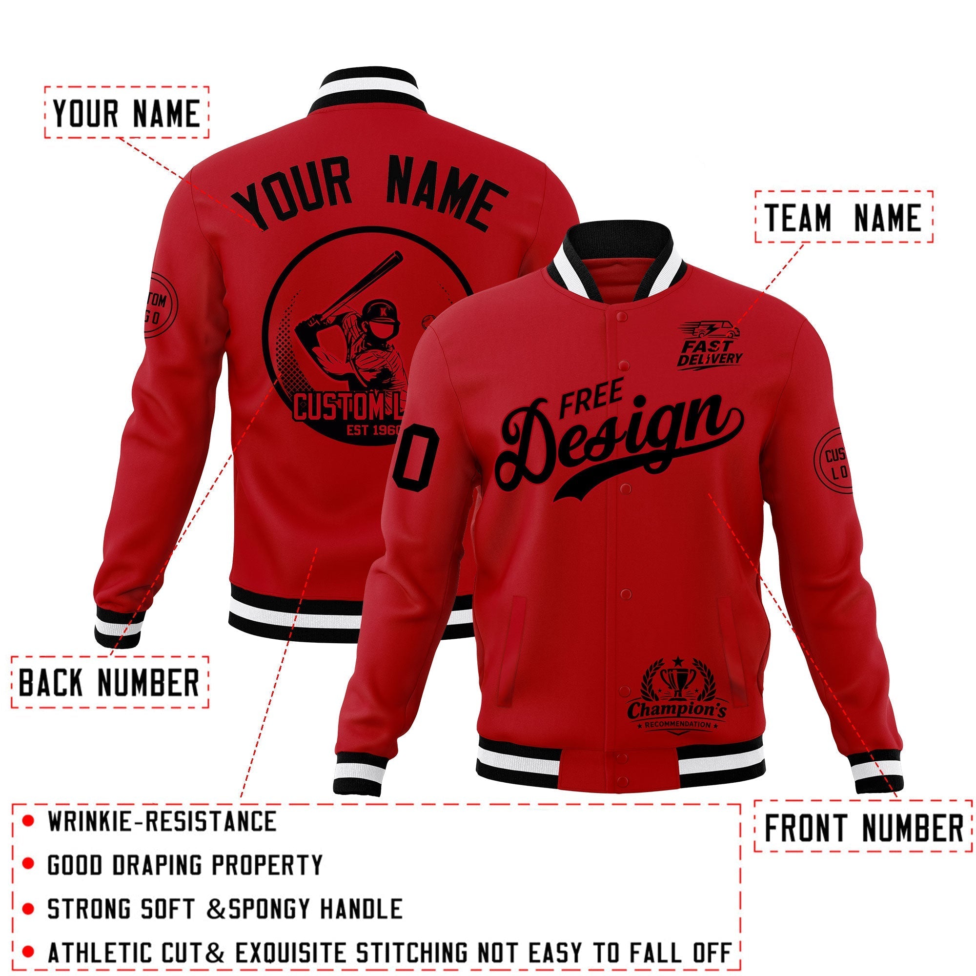 Custom Red Black White Classic Style Full-Snap Breathable Jacket| KXKSHOP
