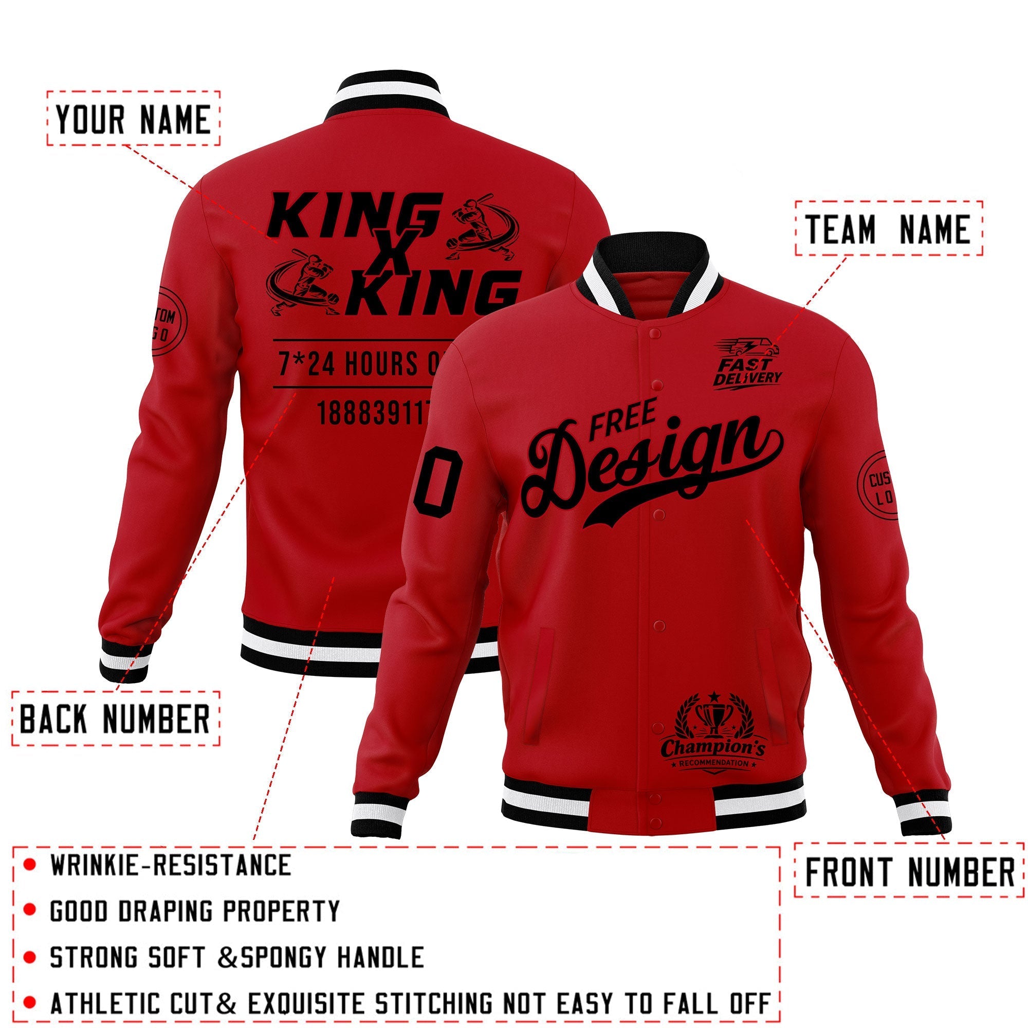Custom Red Black White Classic Style Full-Snap Wrinkle-Resistant Jacket| KXKSHOP