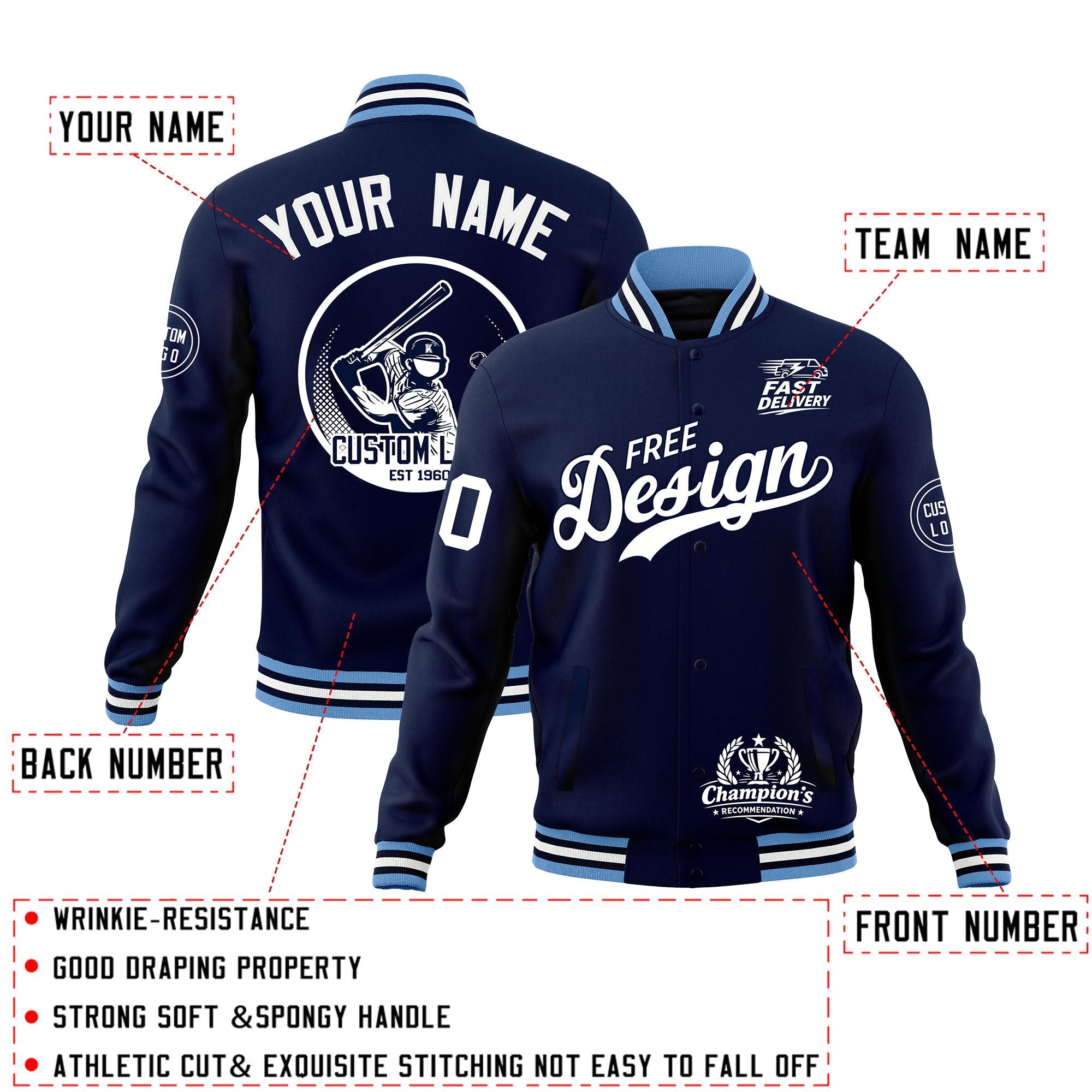 Custom Navy Light Blue White Classic Style Full-Snap Breathable Jacket| KXKSHOP