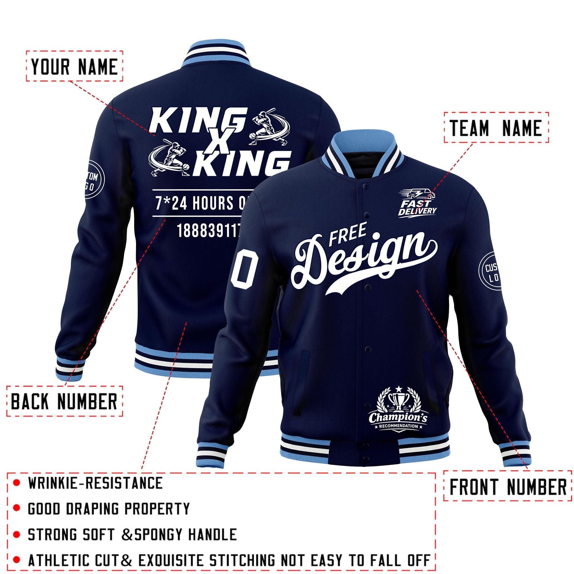 Custom Navy Light Blue White Classic Style Full-Snap Wrinkle-Resistant Jacket| KXKSHOP