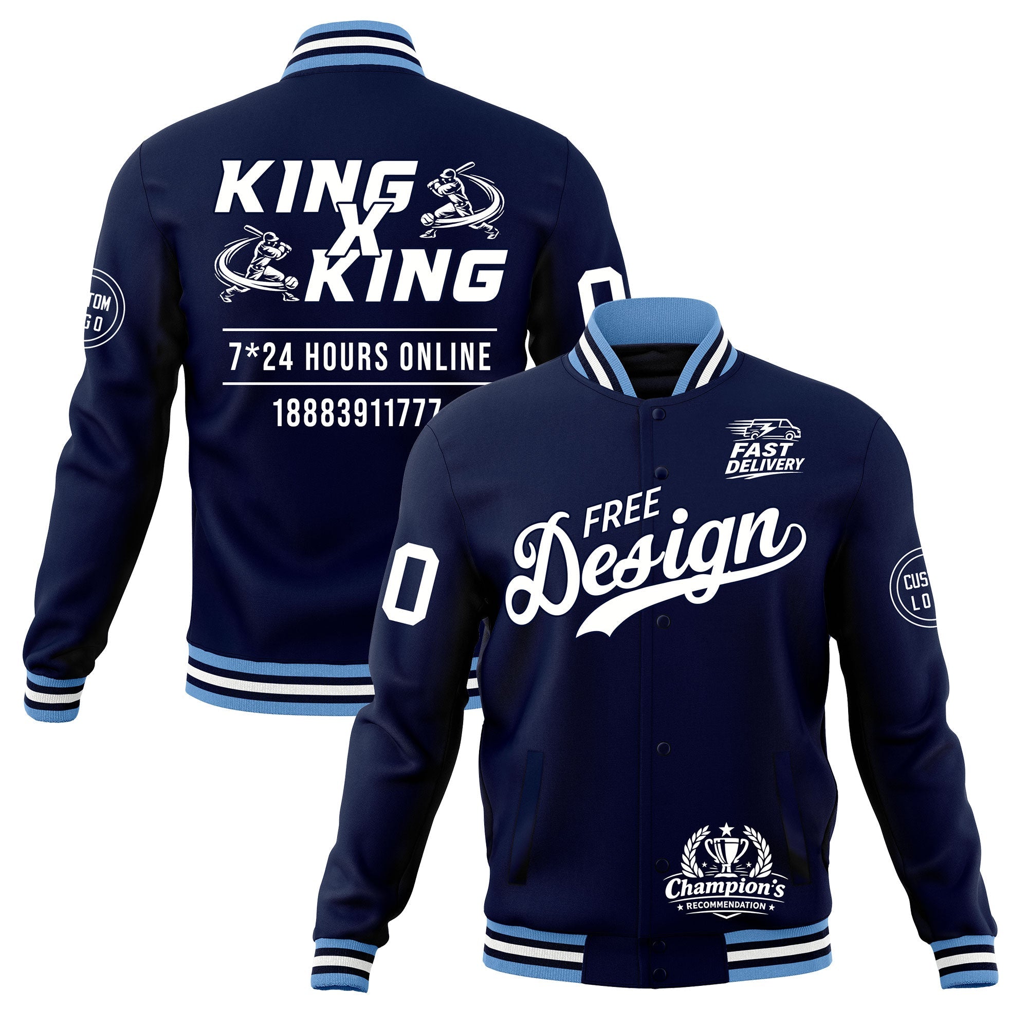 Custom Navy Light Blue White Classic Style Full-Snap Wrinkle-Resistant Jacket| KXKSHOP