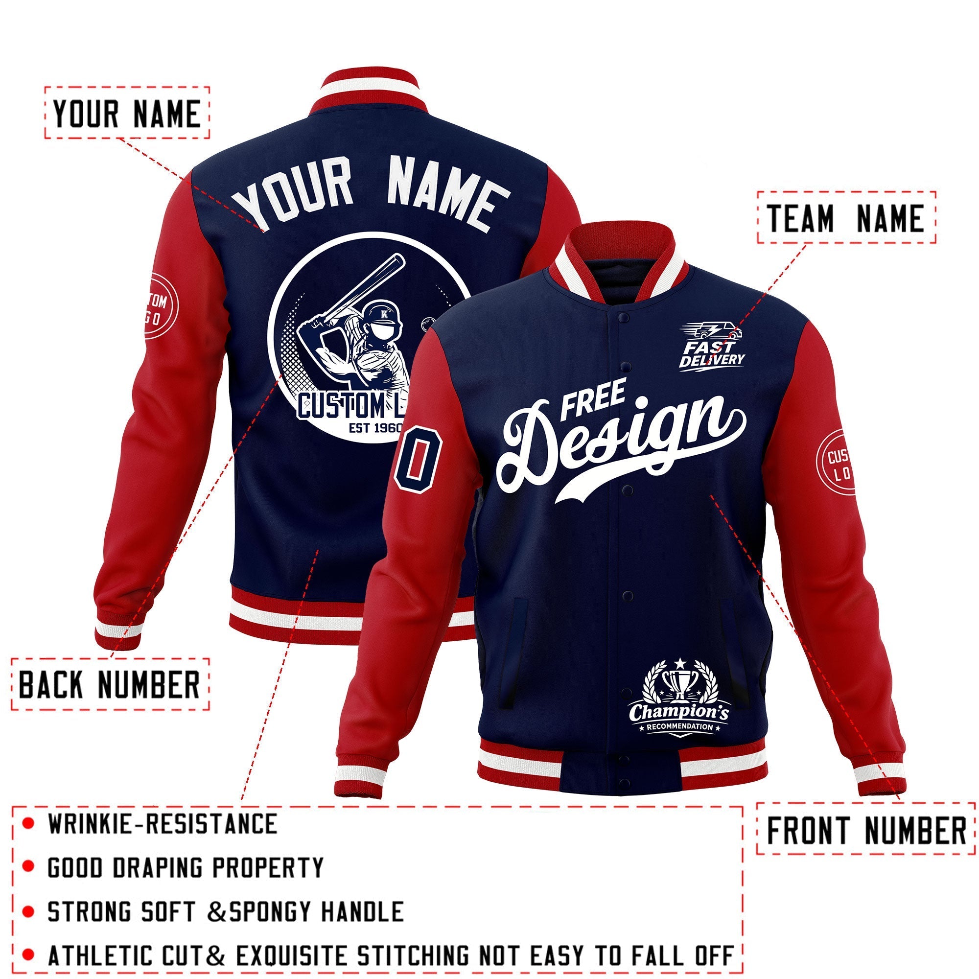 Custom Navy Red White Classic Style Full-Snap Breathable Jacket| KXKSHOP