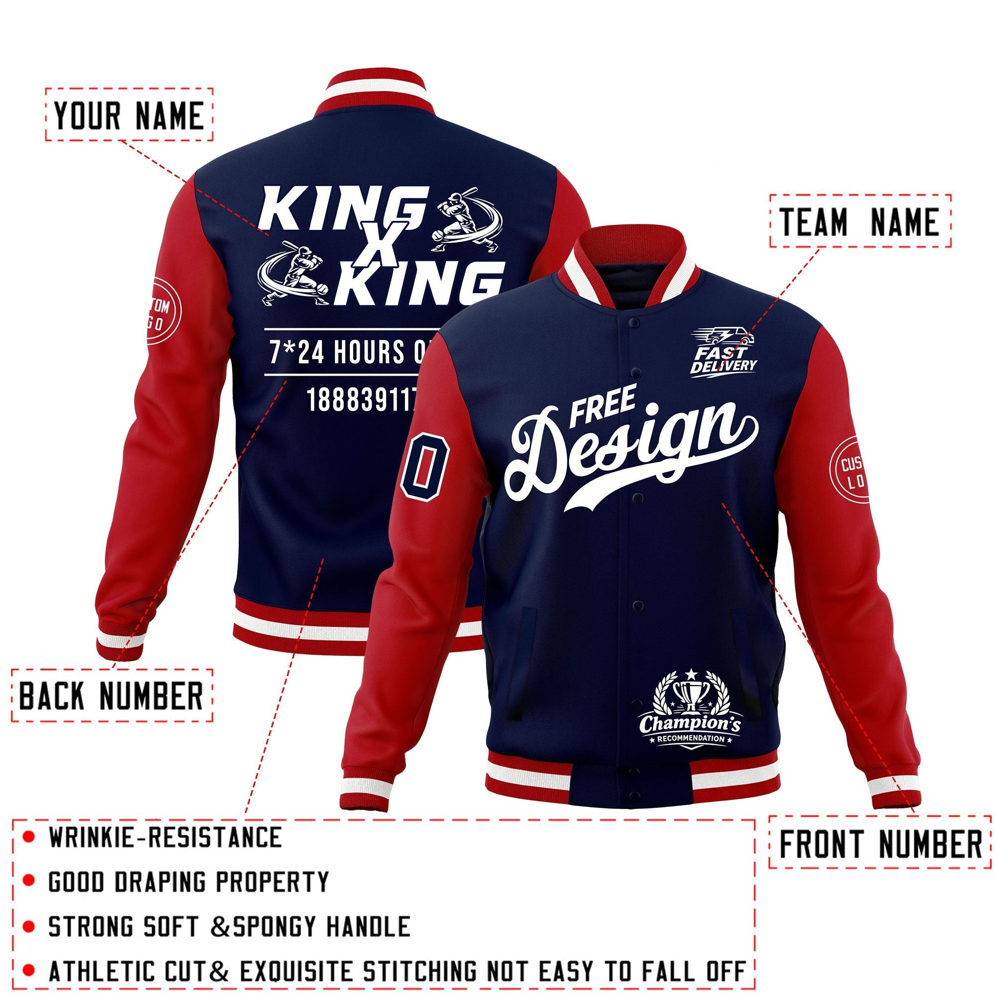 Custom Navy Red White Classic Style Full-Snap Wrinkle-Resistant Jacket| KXKSHOP