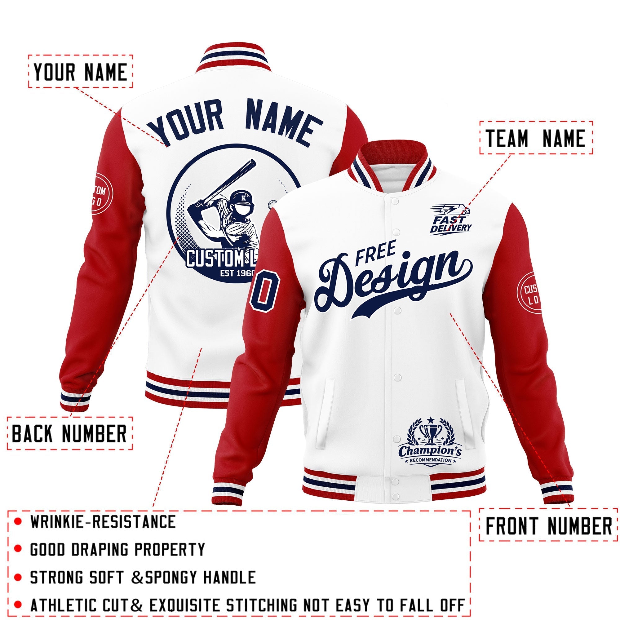 Custom White Red Navy Classic Style Full-Snap Breathable Jacket| KXKSHOP