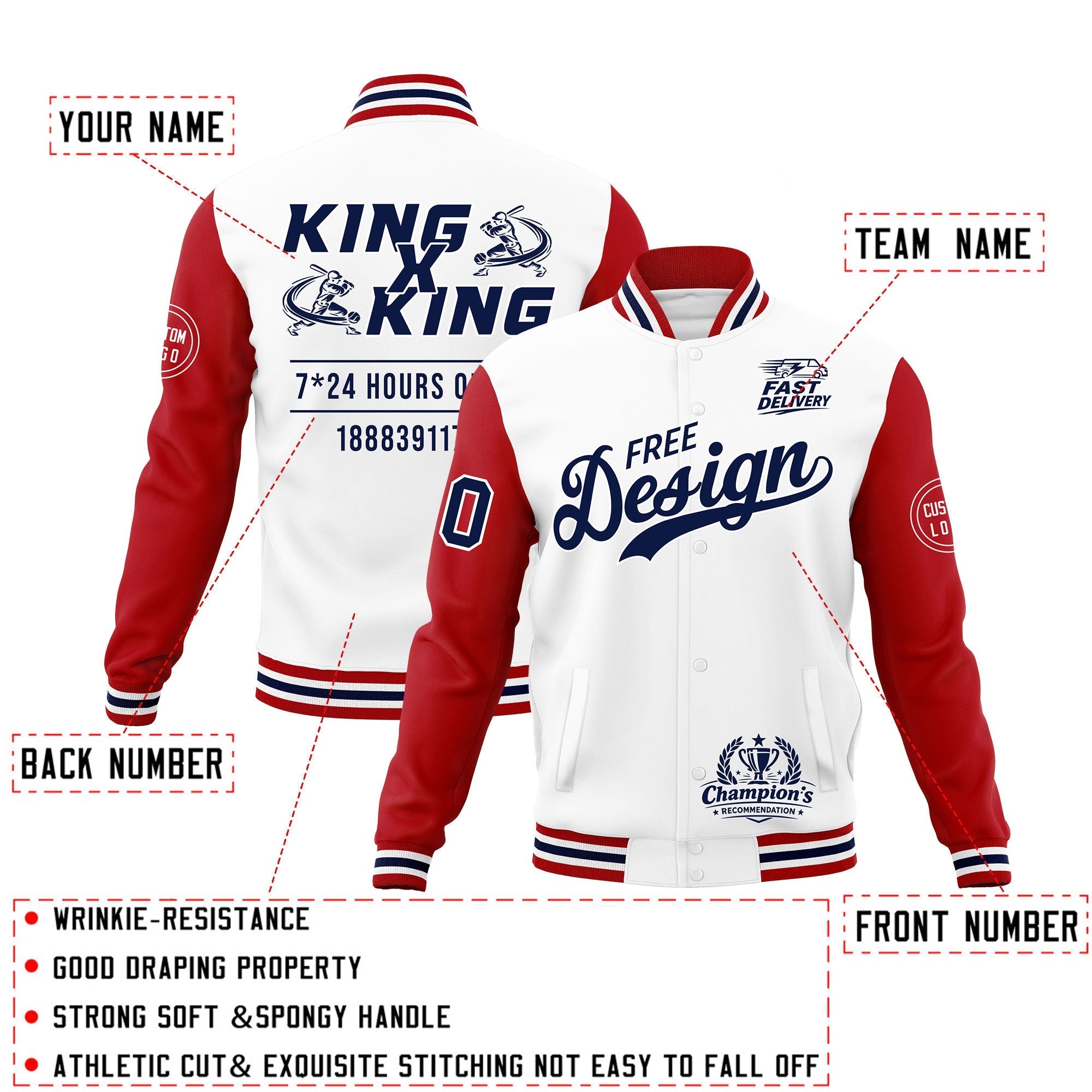 Custom White Red Navy Classic Style Full-Snap Wrinkle-Resistant Jacket| KXKSHOP