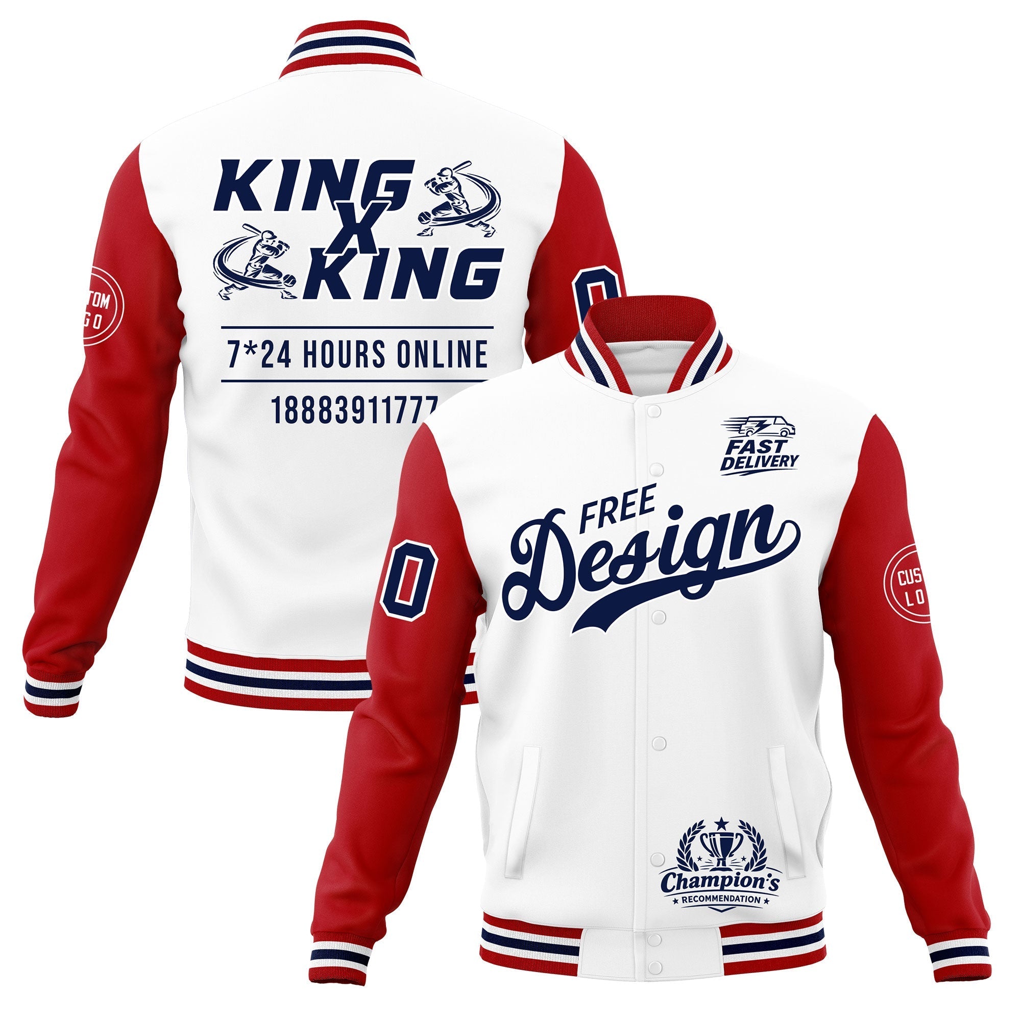 Custom White Red Navy Classic Style Full-Snap Wrinkle-Resistant Jacket| KXKSHOP