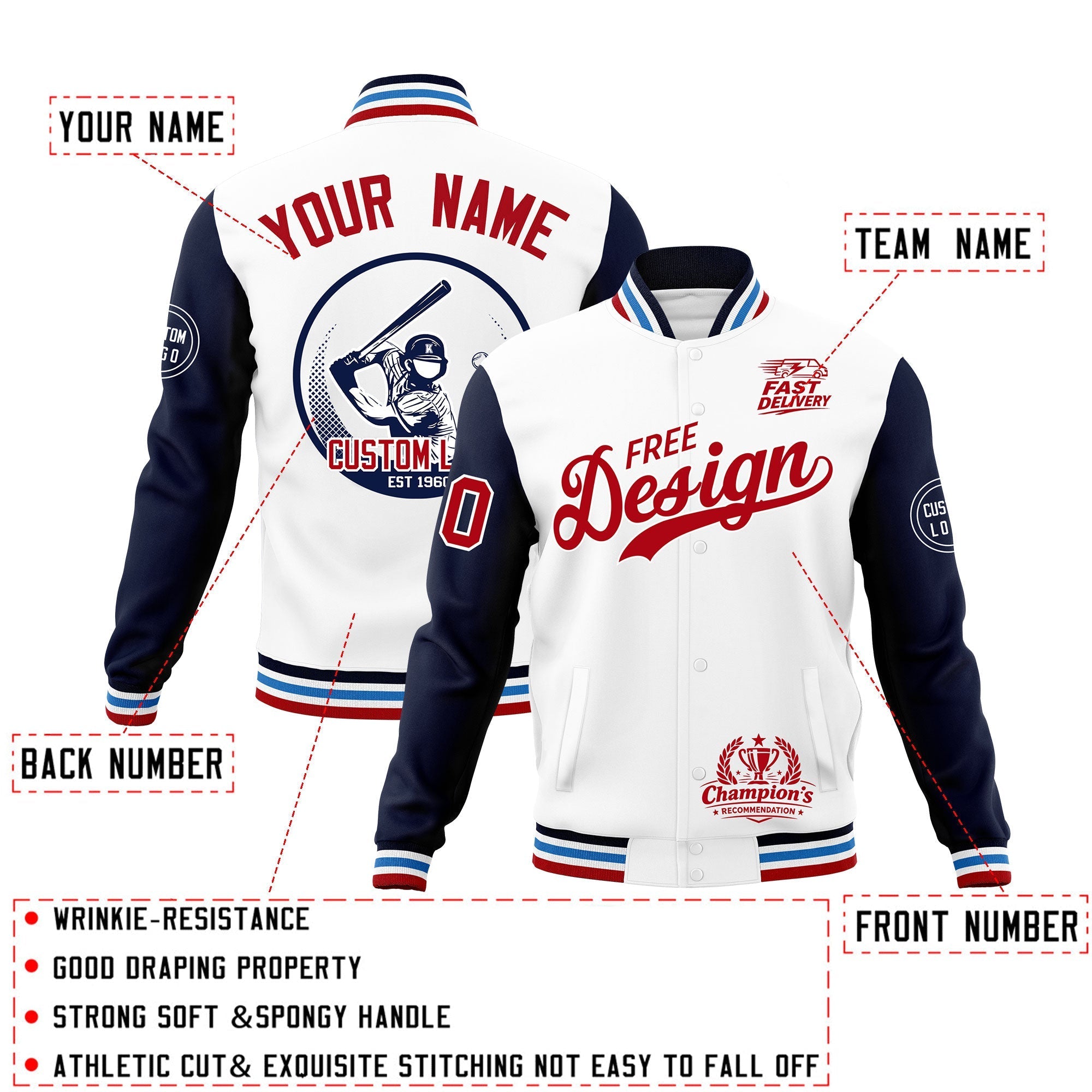 Custom White Navy Light Blue Classic Style Full-Snap Breathable Jacket| KXKSHOP