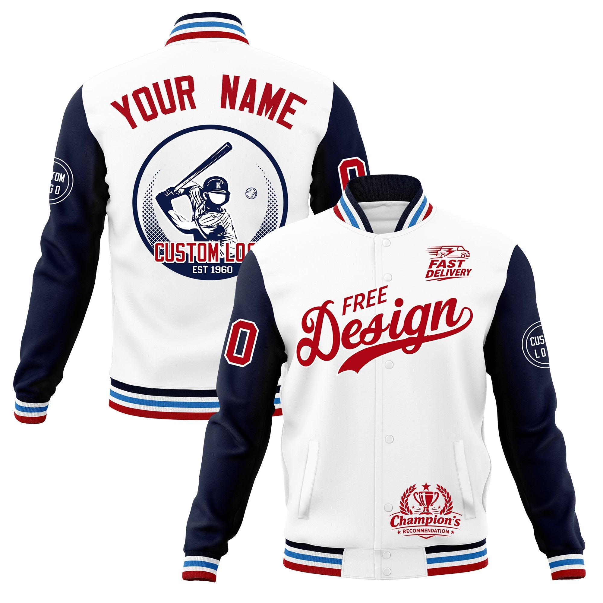 Custom White Navy Light Blue Classic Style Full-Snap Breathable Jacket| KXKSHOP